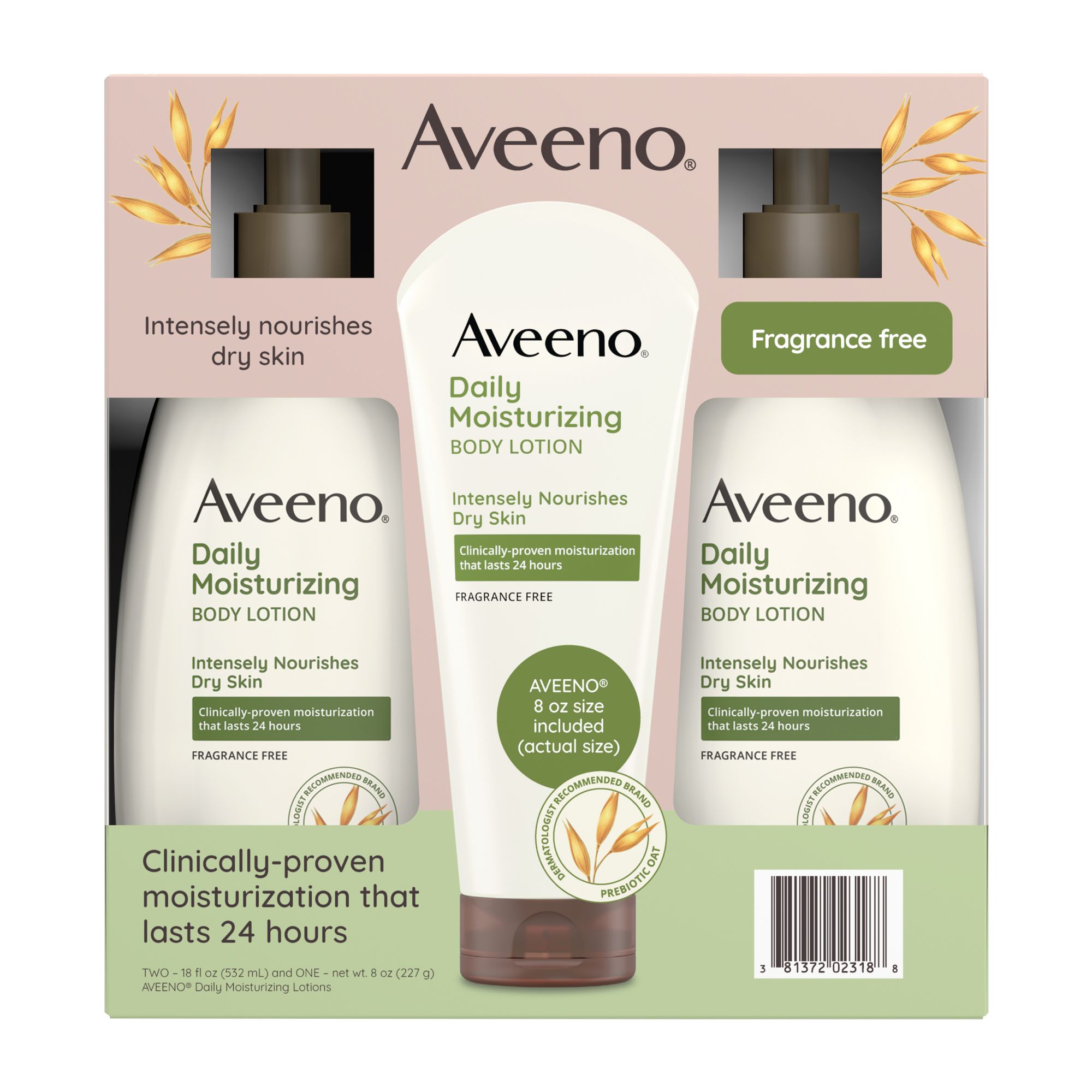 Aveeno Daily Moisturizing Body Lotion For Dry Skin, 2 pk./18 fl. oz. + 8 oz. Tube