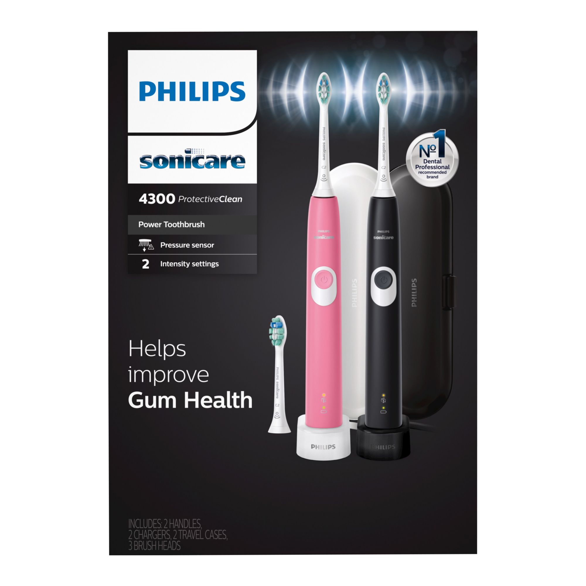 Philips Sonicare ProtectiveClean 4300 Rechargeable Electric Toothbrush, 2  pk. - Black/Pink