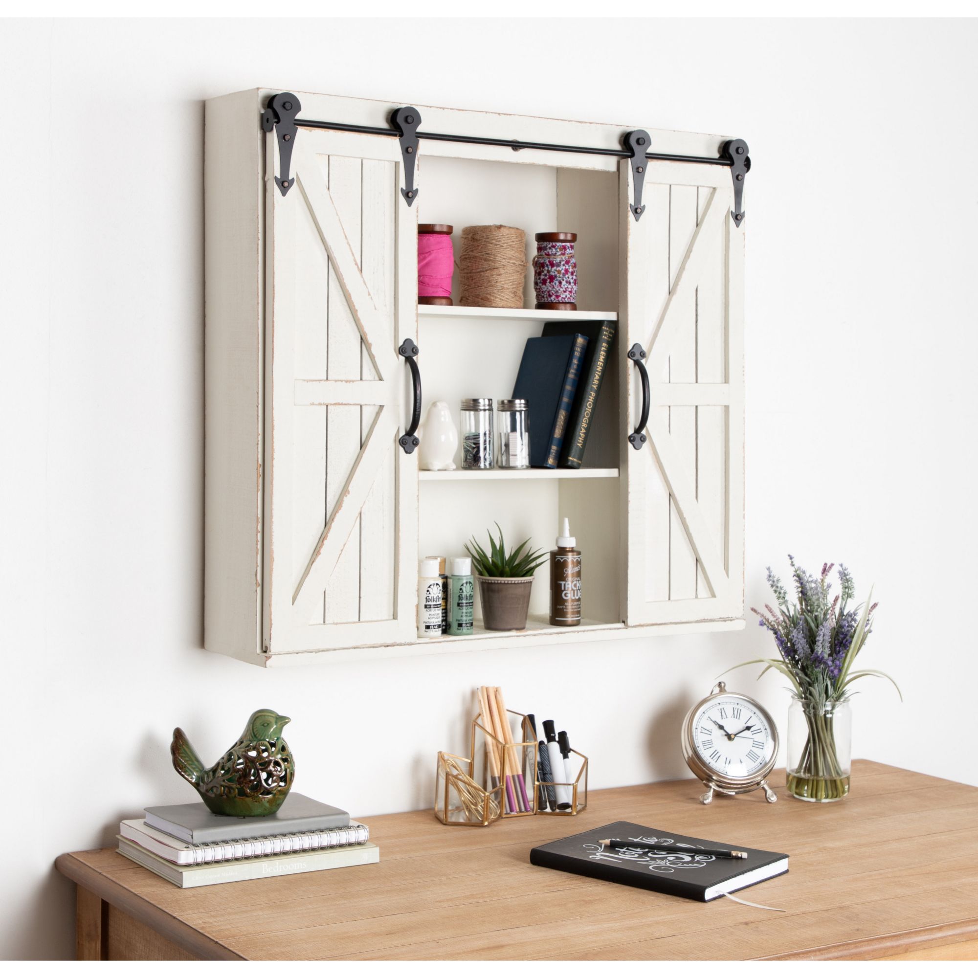 Kate and Laurel Cates Decorative Wood Wall Storage Cabinet with Two Sliding Barn Doors - Rustic White