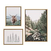 Kate and Laurel Sylvie Meet Here, Highland Cow Mountain and Evergreen Trees Framed Canvas Wall Art by Various Artists, 3 Piece