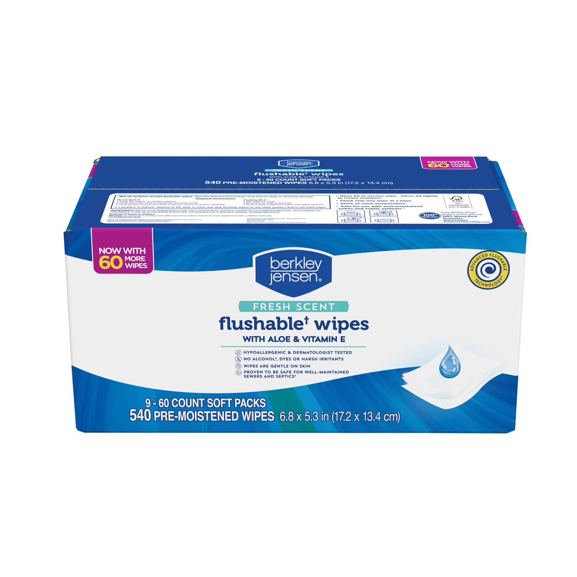 Berkeley Jensen Fresh Scent Flushable Wipes, 540 ct.