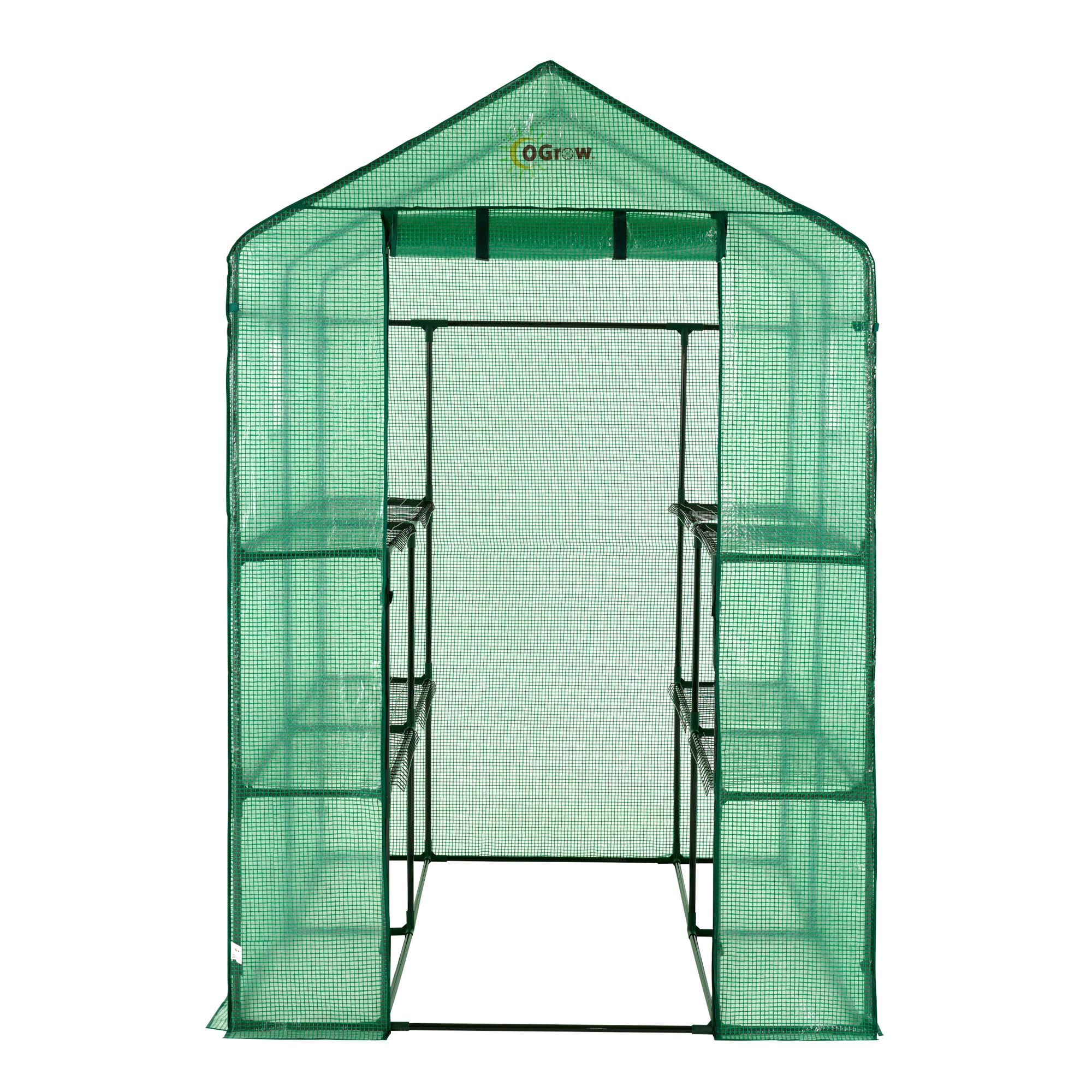 Machrus Ogrow Deluxe Walk-In Greenhouse with 2 Tiers and 8 Shelves - Green Civer