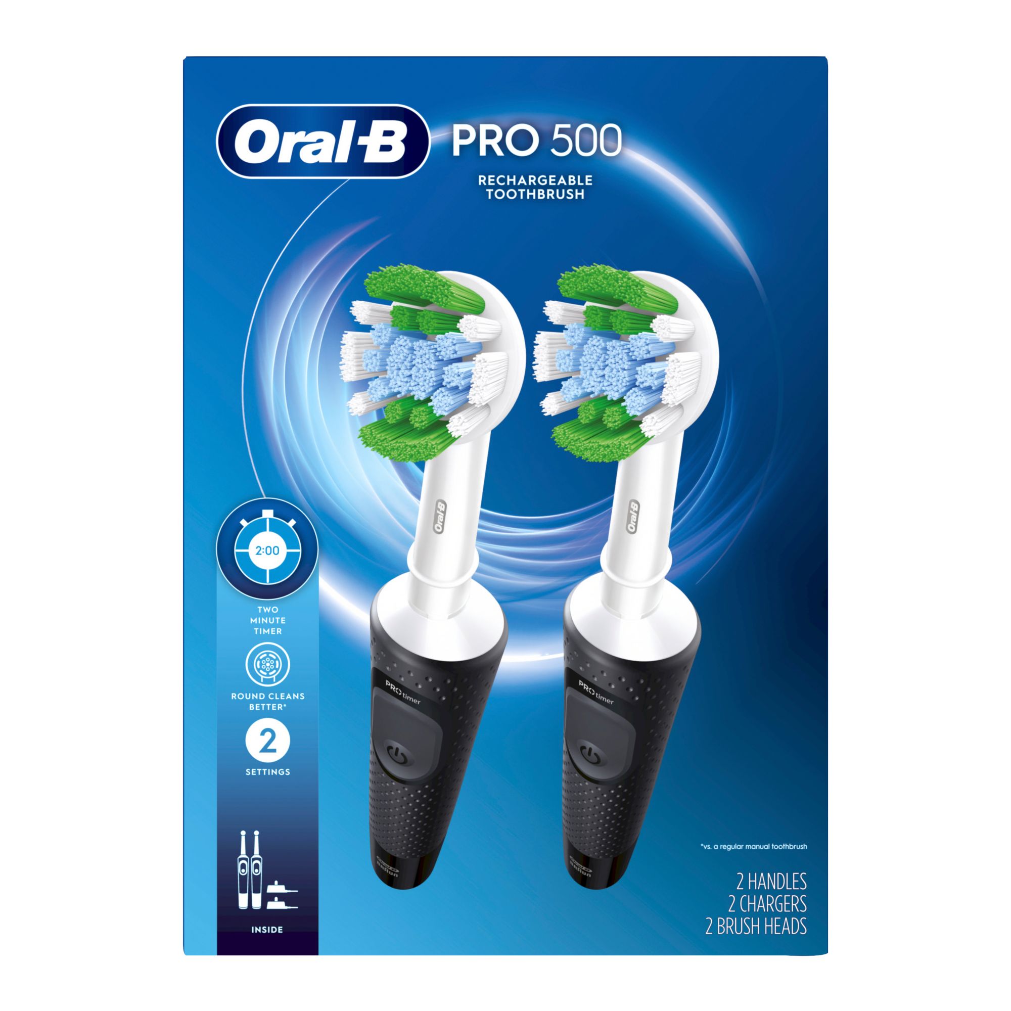 Oral-B Pro 500 Electric Toothbrush with Replacement Precision Brush Heads, 2 pk. - Black