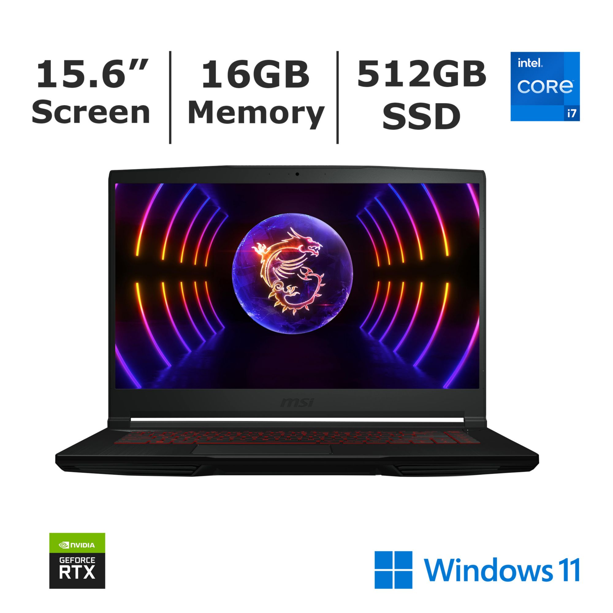 MSI Thin GF63 15.6&quot; Gaming Laptop, Intel Core i7 Processor, 16GB RAM, 512GB SDD, RTX 4060 Graphics - Black