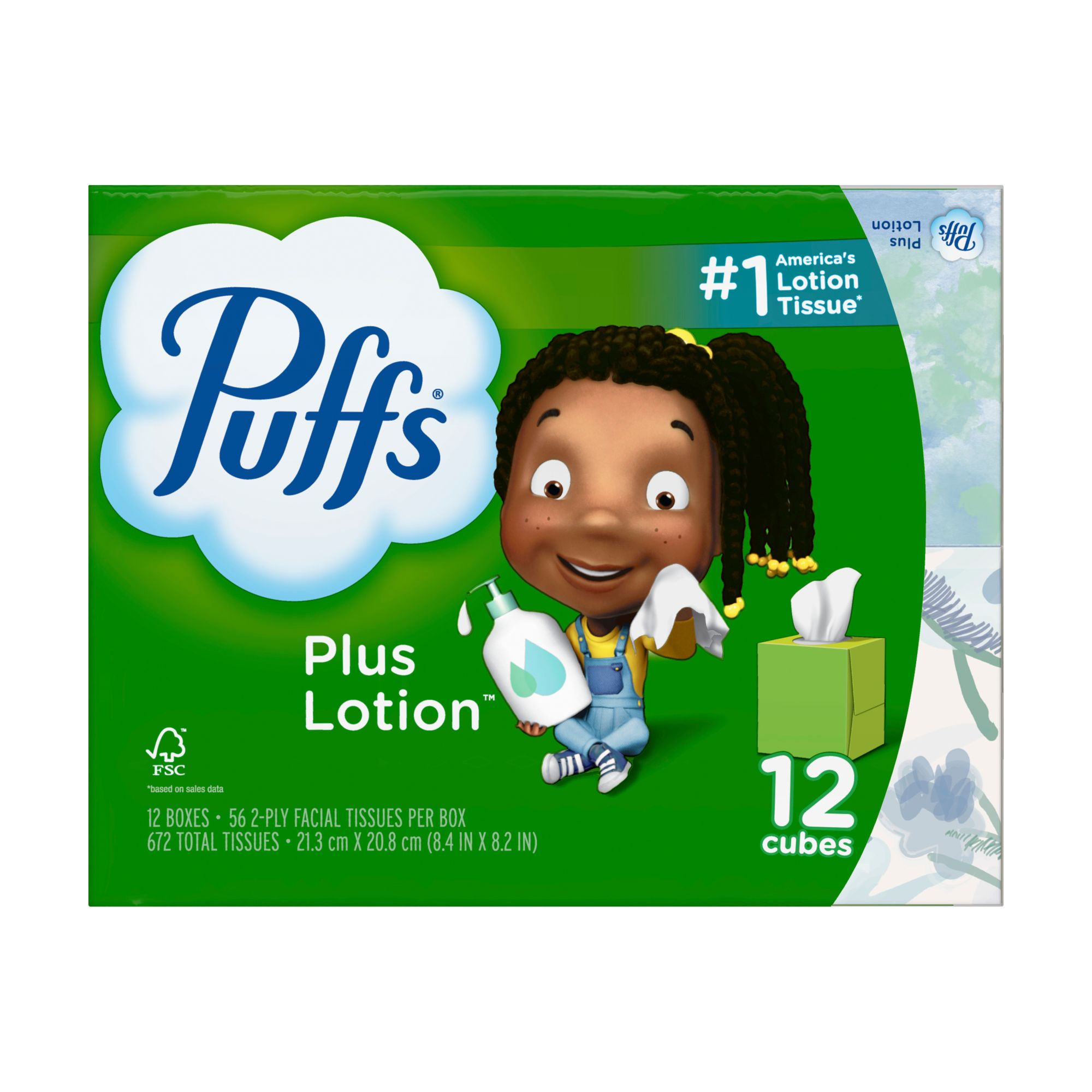 Puffs Plus Lotion Facial Tissue, 12 Cube Boxes/56 Tissues Per Box