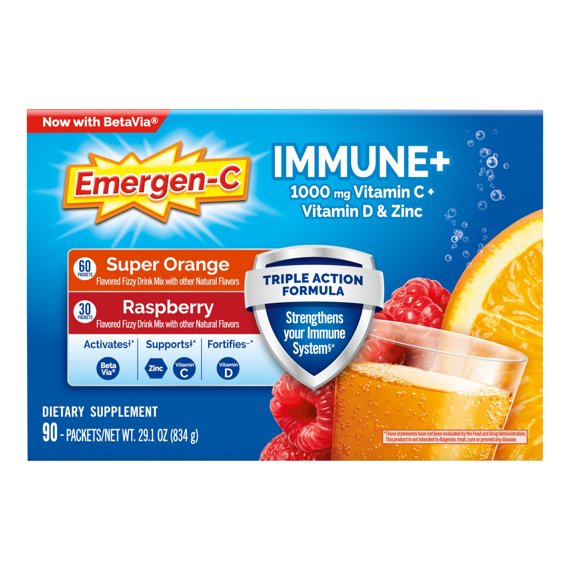 Emergen-C Immune+ Triple Action Vitamin C Powder, BetaVia (R) Raspberry and Super Orange, 90 ct.