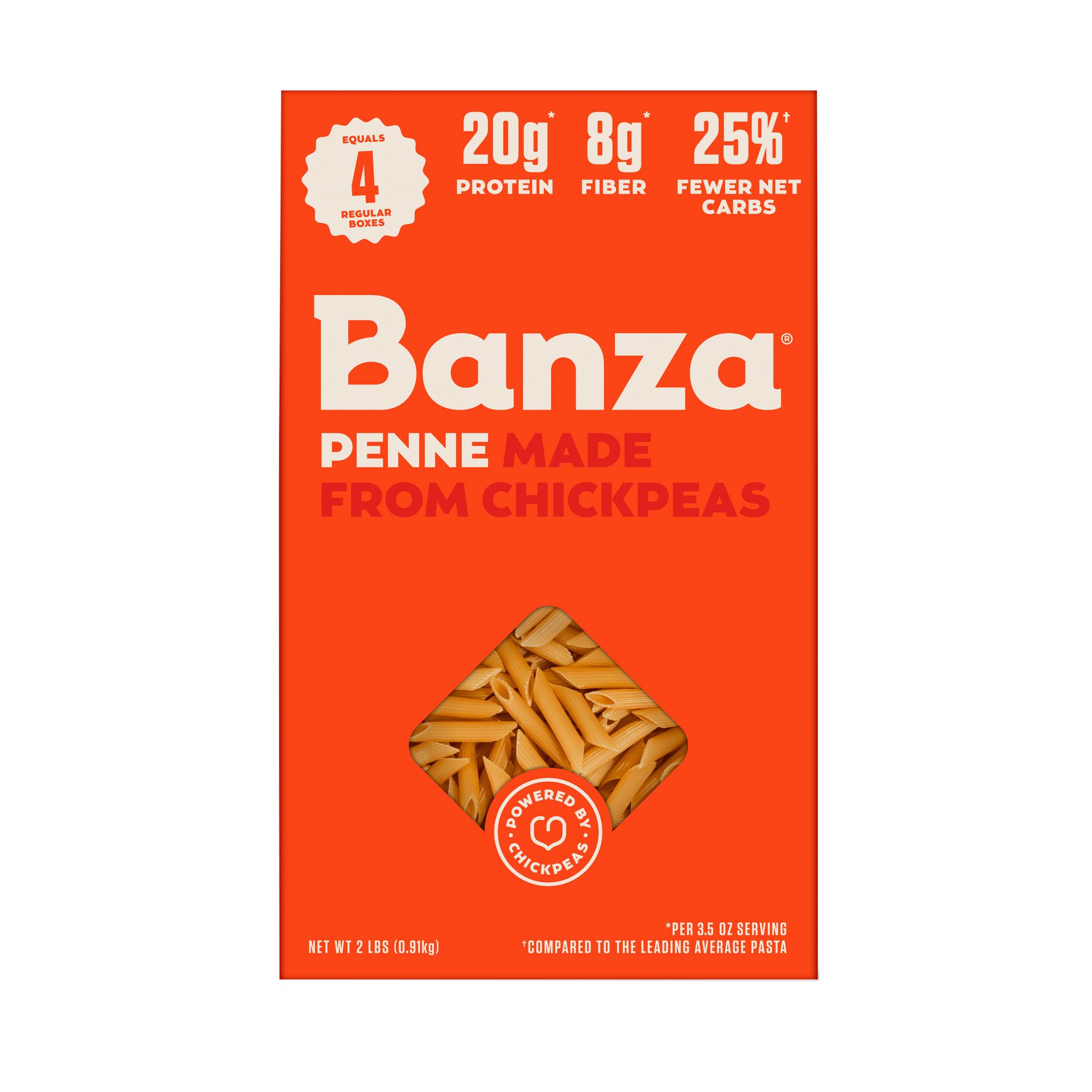 Banza Penne Pasta Four-Pack, Gluten Free, High Protein, and Lower Carb Chickpea Pasta, 2 lbs.