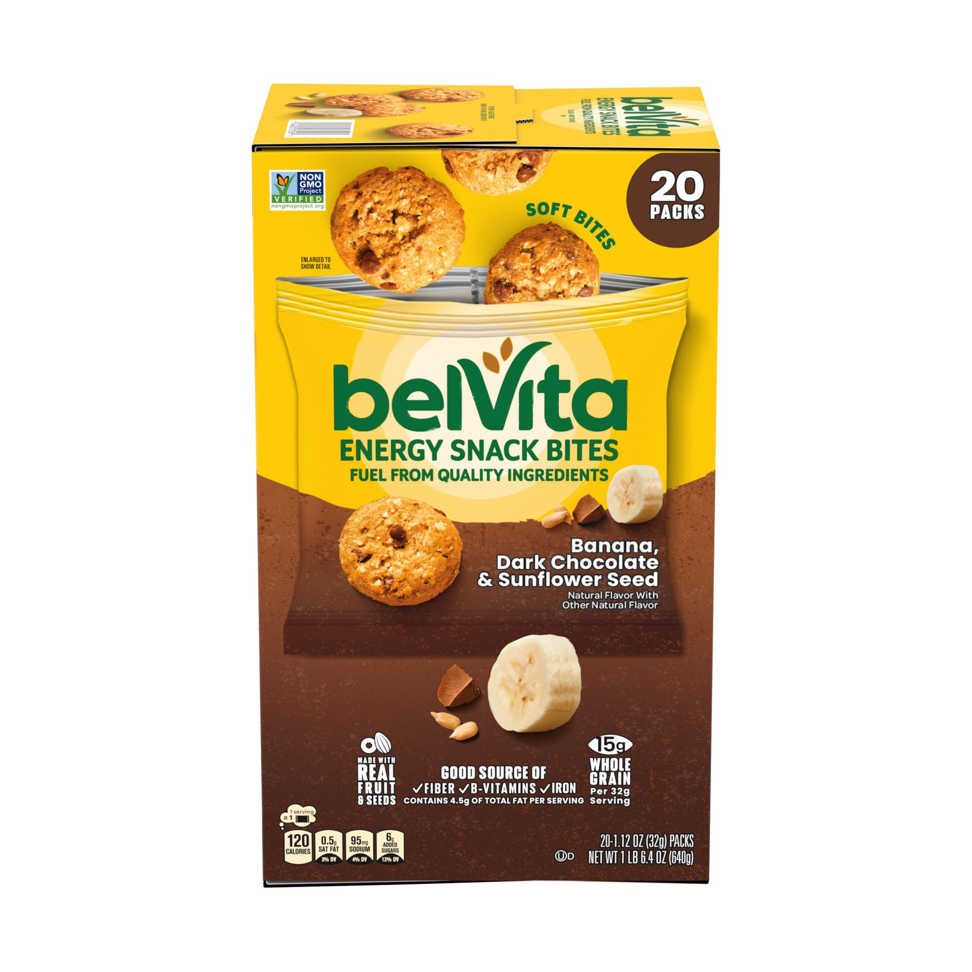 BelVita Energy Snack Bites, Banana, Dark Chocolate and Sunflower Seed Snack Packs, 20 ct.