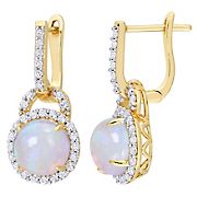 Blue Ethiopian Opal and White Topaz Halo Charm Huggie Earrings in Yellow Plated Sterling Silver