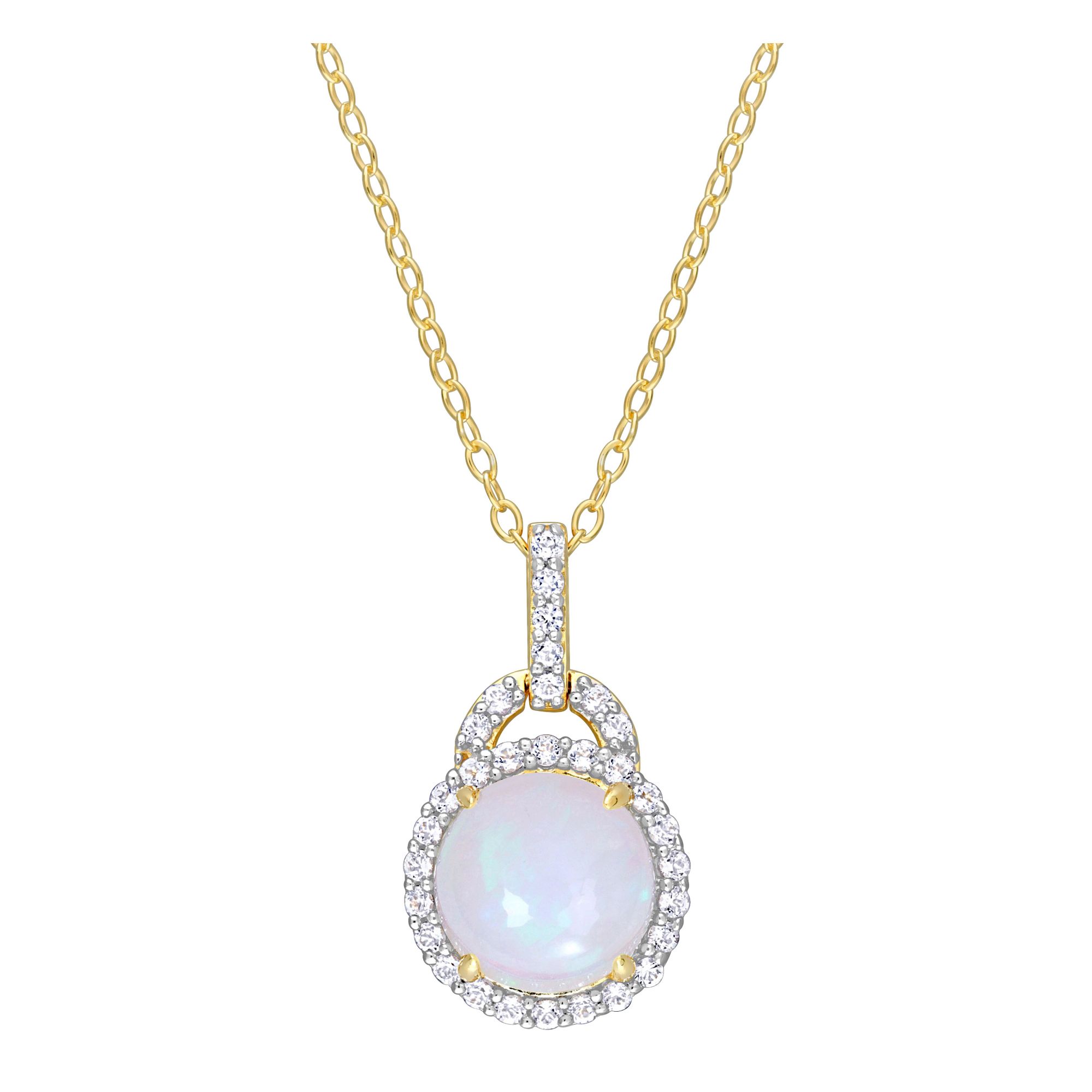 Blue Ethiopian Opal and White Topaz Halo Pendant with Chain in Yellow Plated Sterling Silver