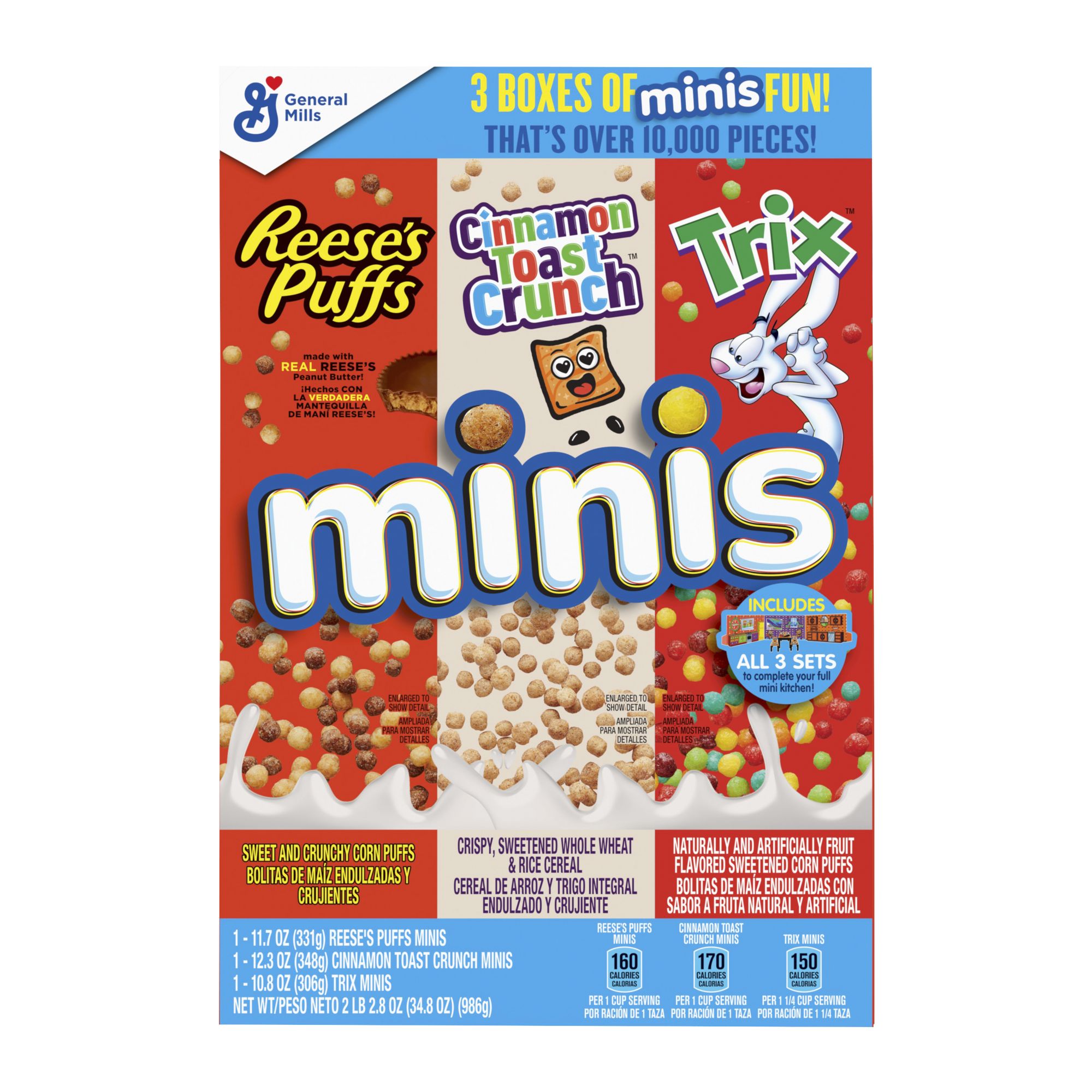Minis Kids Breakfast Cereal Variety Pack, Reeses Puffs, Cinnamon Toast Crunch, Trix, 34.8 oz.