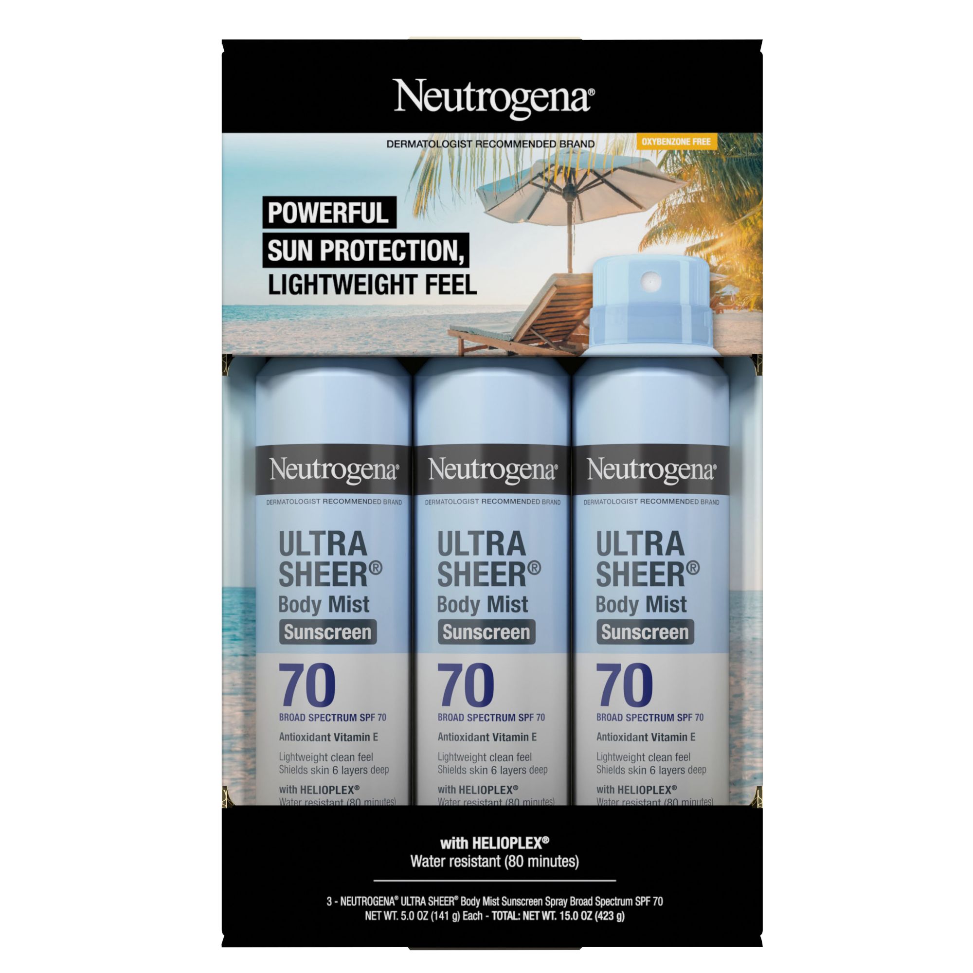 Neutrogena Ultra Sheer SPF 70 Lightweight Sunscreen Spray, 3 pk./5 oz.