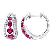 1.75 ct. t.g.w Created Ruby and .50 ct. t.w. Lab Grown Diamond Hoop Earrings in 14k White Gold