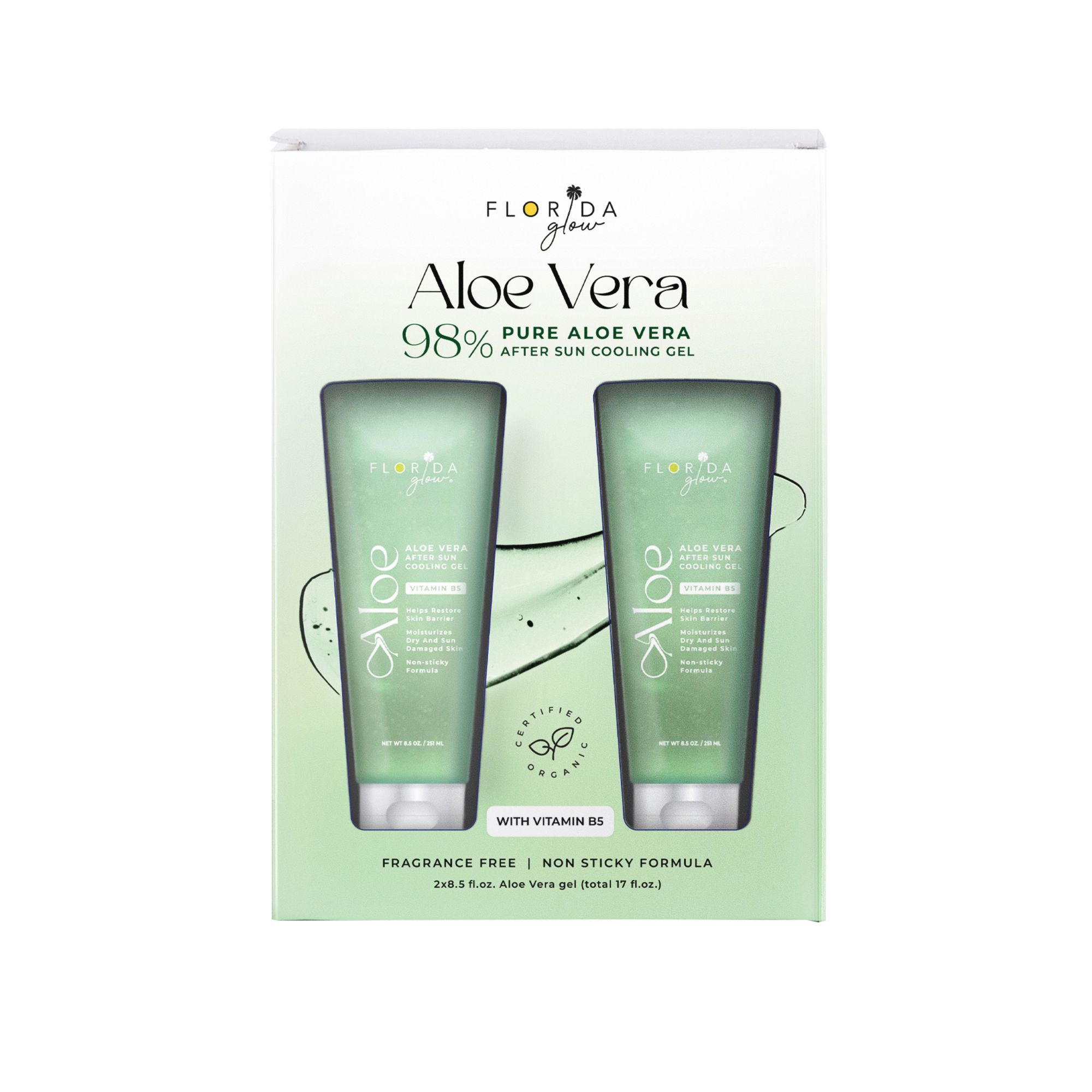 Florida Glow Organic Aloe Vera Gel For Skin, Face and Hair, 98% Pure, 2 pk./8 oz.