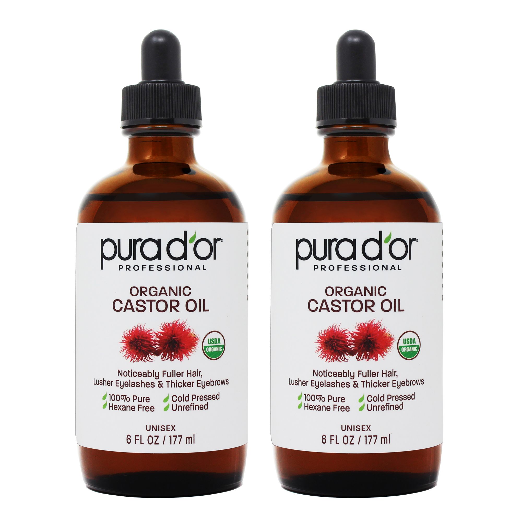 PURA D'OR Professional Strength Organic Castor Oil Eyelash Serum, 2 pk./6 oz.