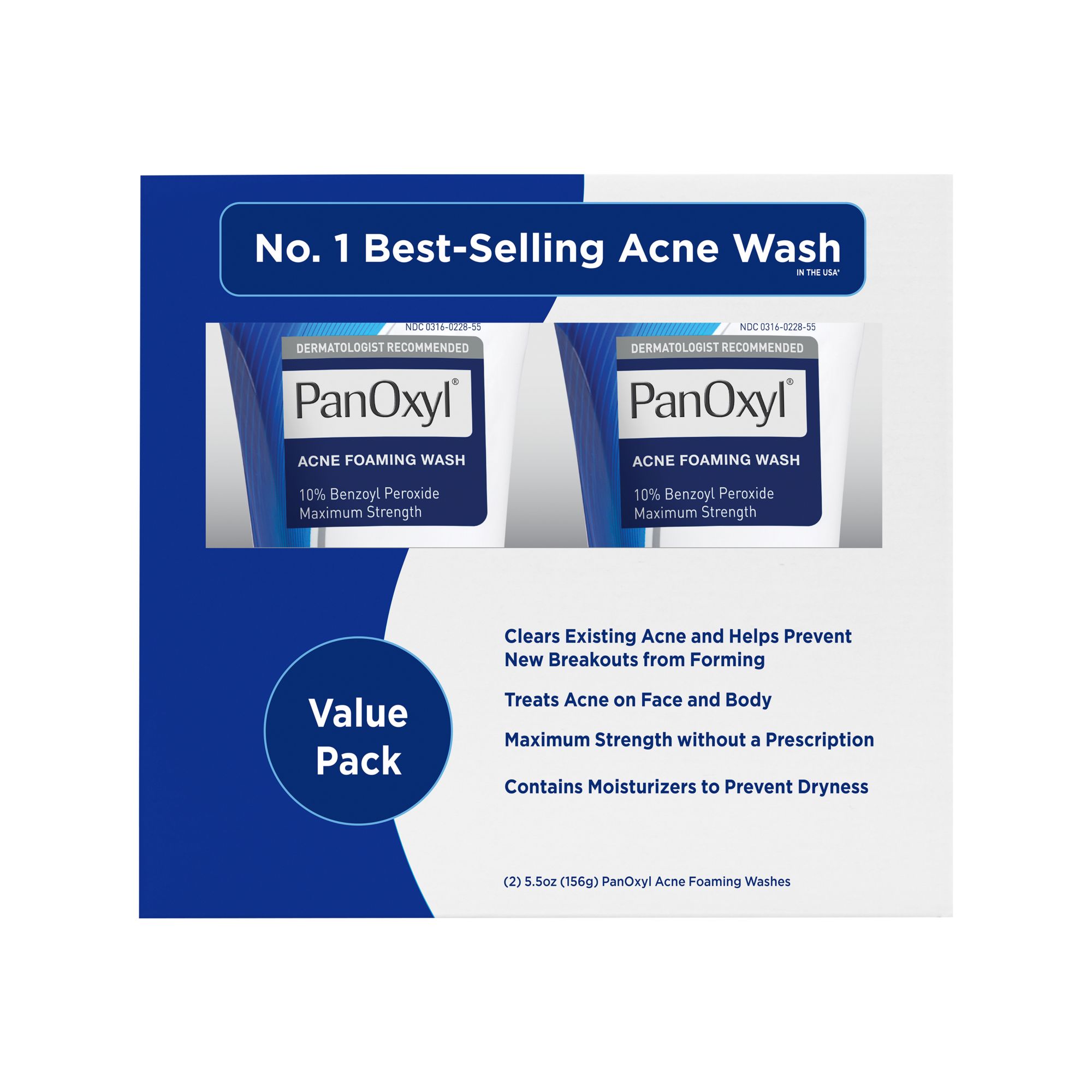 Panoxyl Acne Foaming Wash 10% Benzoyl Peroxide, Maximum Strength, 2 pk./5.5 oz.