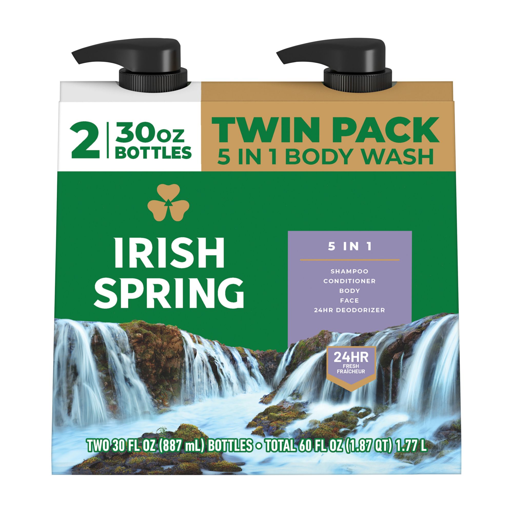 Irish Spring 5-in-1 Mens Body Wash, Pump, 2 pk./30oz.