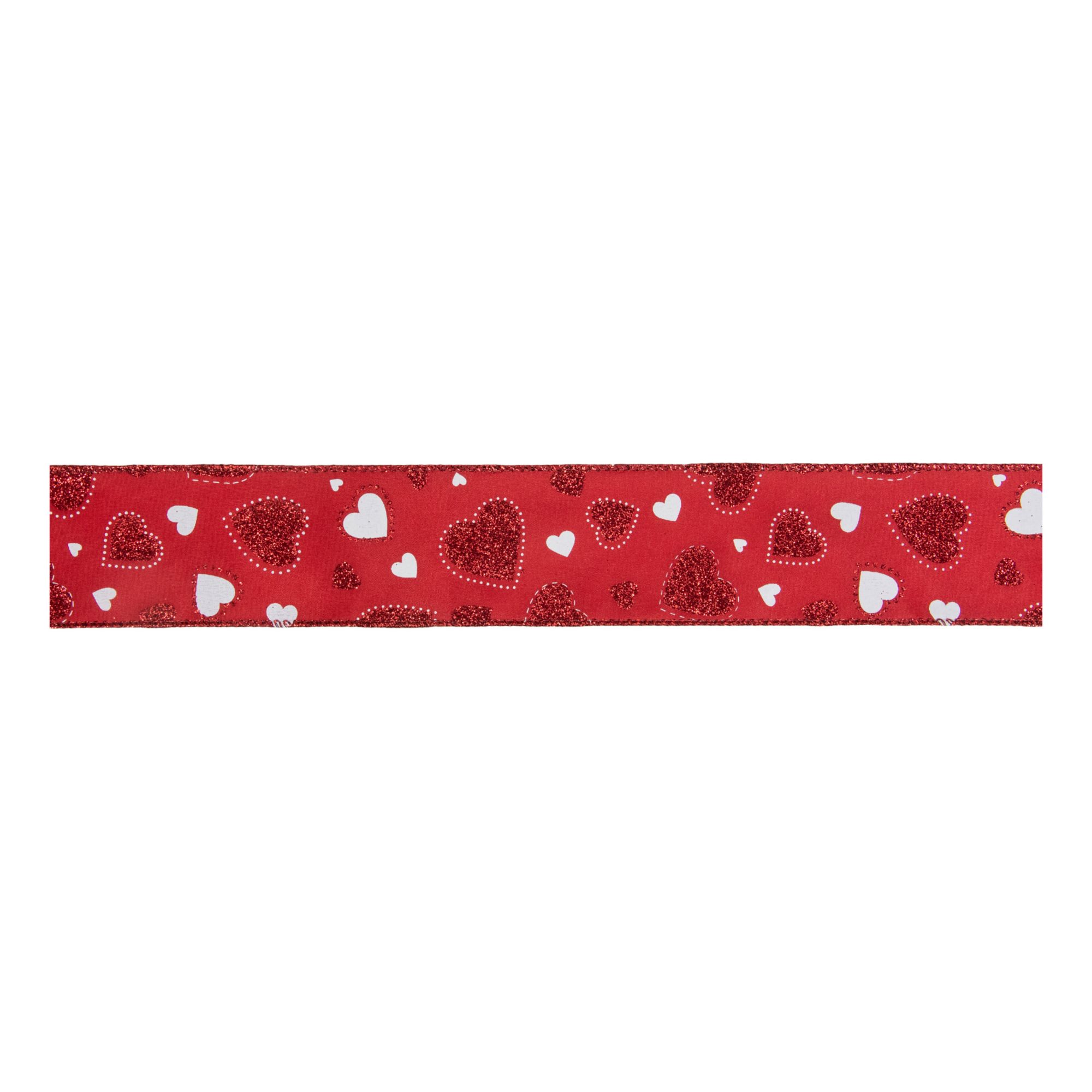 Northlight Valentine's Day Wired Craft Ribbon, 10 Yards - Red and White Glitter Hearts