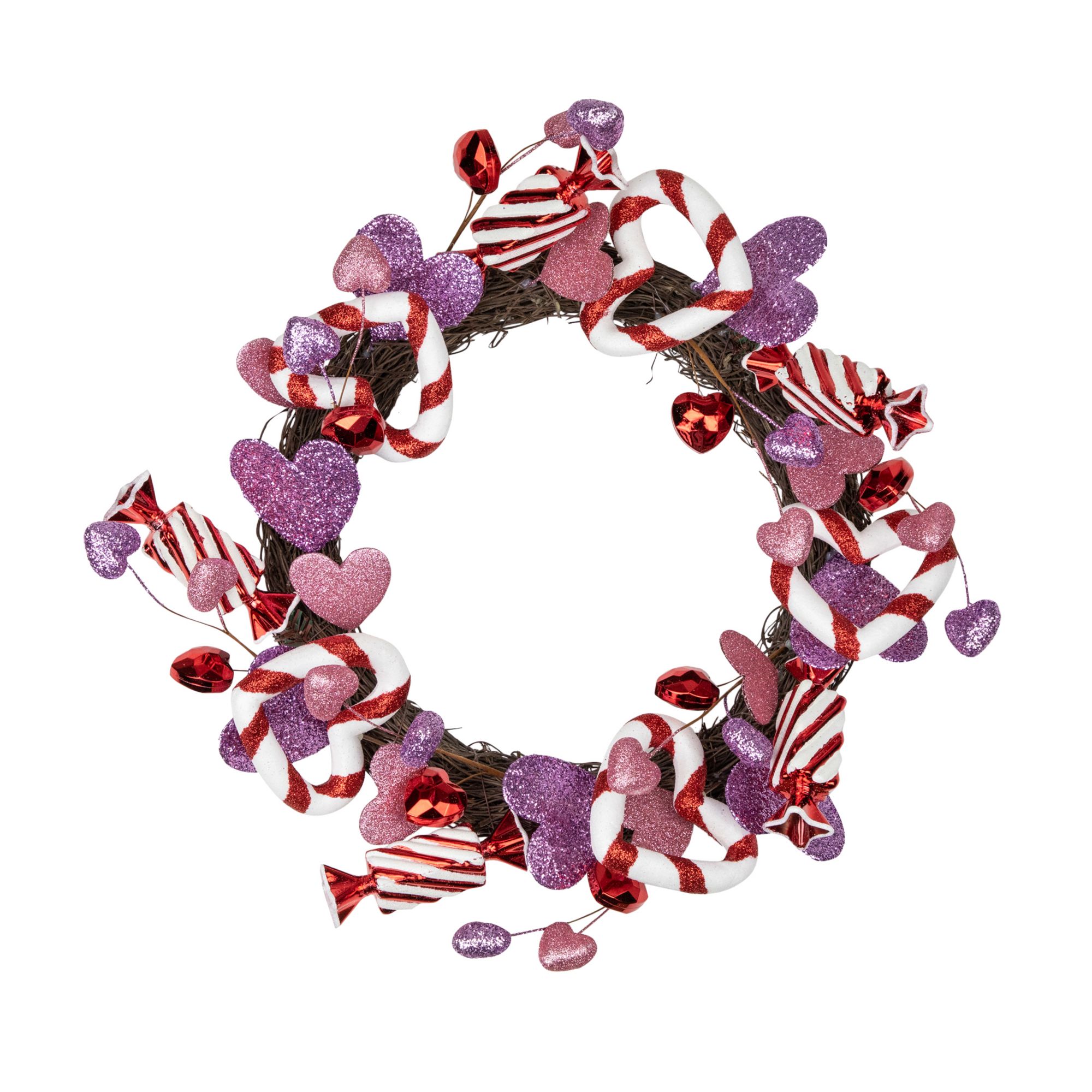 Pink and Purple Candies and Hearts Valentine's Day Unlit Wreath, 16&quot;