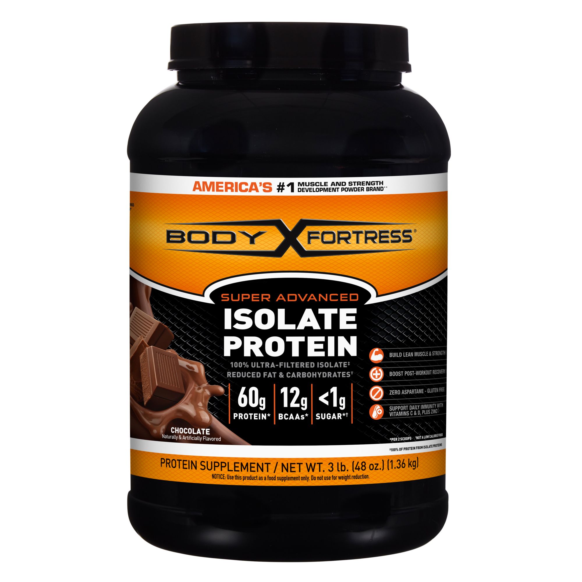 Body Fortress Super Advanced Isolate Protein Powder Chocolate, 3 lbs.