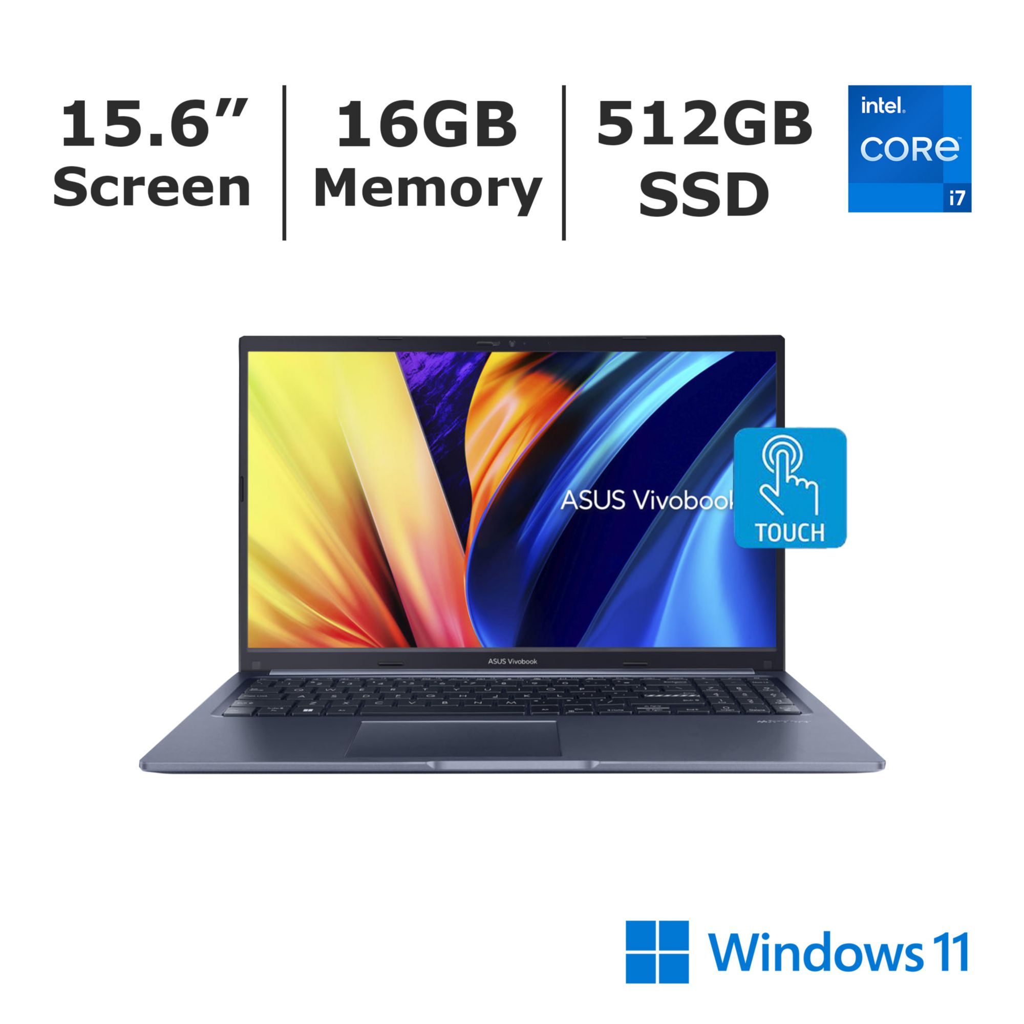 ASUS VivoBook 15.6&quot; Touchscreen Laptop, Intel Core i7-1255U Processor, 16GB Memory, 512GB SSD - Quiet Blue