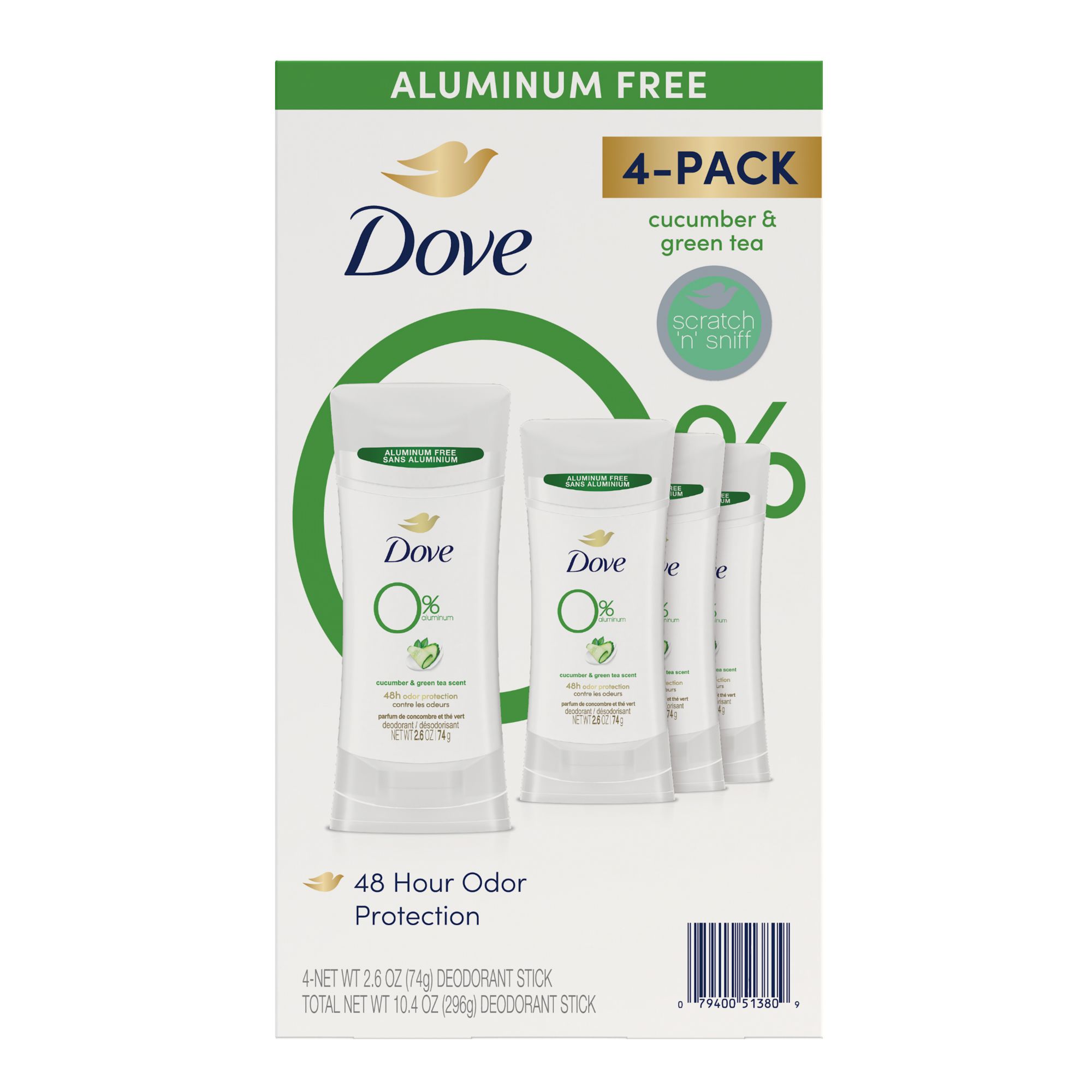 Dove 0% Aluminum Deodorant Stick - Cucumber and Green Tea, 4 pk./2.6 oz.