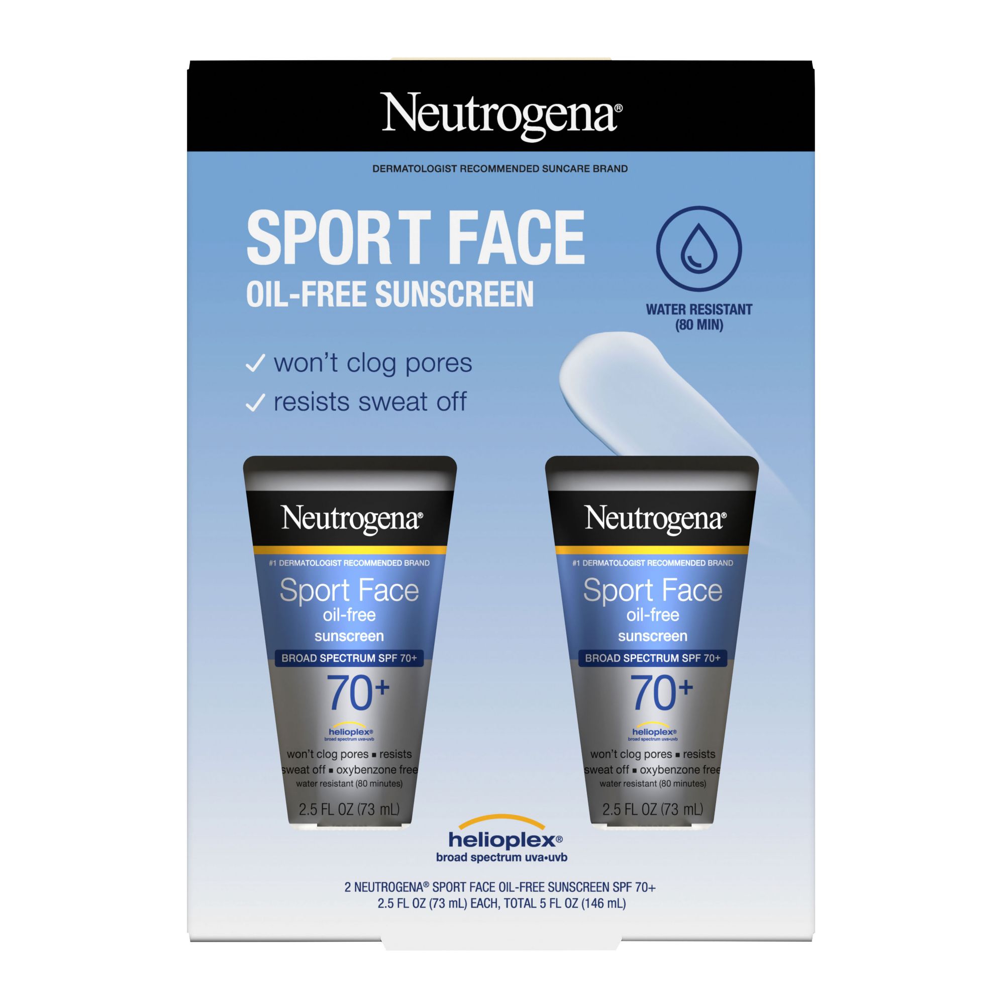 Neutrogena Sport Face Sunscreen SPF 70+ Oil-Free Broad Spectrum UVA/UVB, 2 pk./2.5 oz.