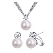 2-Pc. Set Cultured Freshwater Pearl and White Topaz Solitaire Earrings and Necklace in Sterling Silver