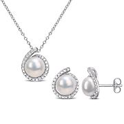 2-Pc. Set Cultured Freshwater Pearl and Diamond Accent Halo Stud Earrings and Necklace in Sterling Silver
