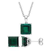 2-Pc. Set 7.60 ct. t.g.w. Created Emerald Square Solitaire Pendant and Stud Earrings in Sterling Silver