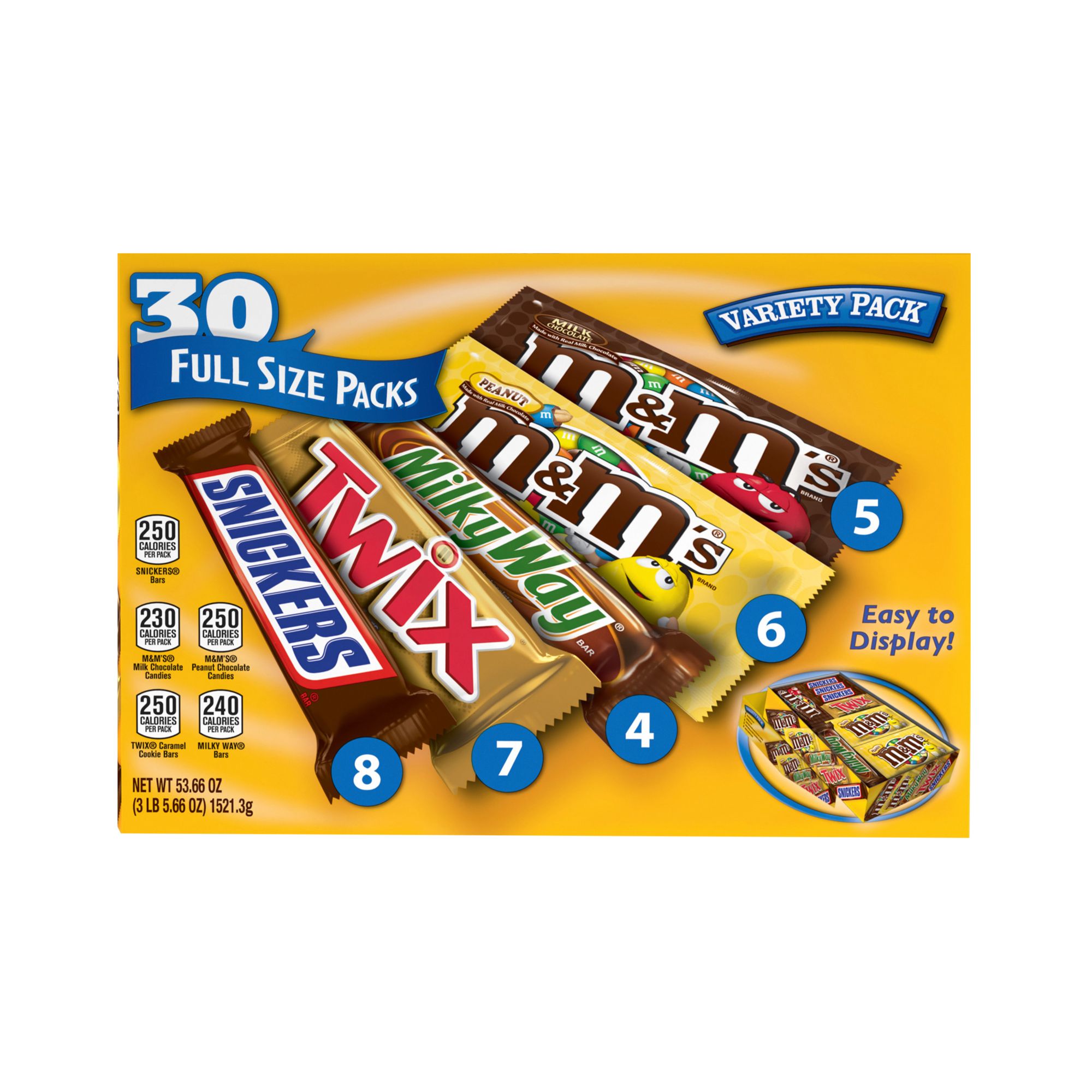 M&M's, Twix, Snickers & Milky Way Full Size Candy Bars Assorted Variety Box, 30 ct.