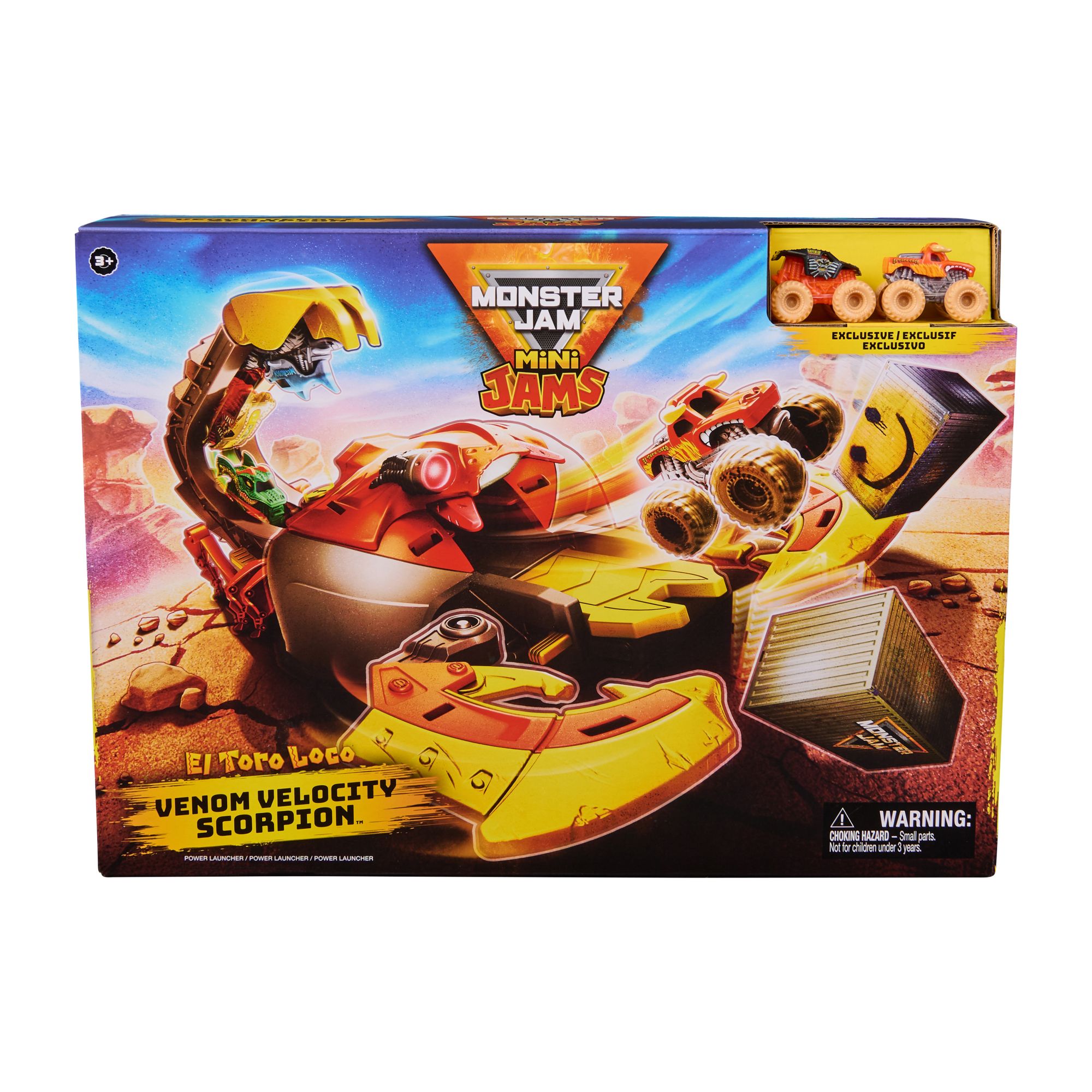 Monster Jam El Toro Loco Venom Velocity Scorpion Playset With Mini Jams, and Two Exclusive Die-Cast Trucks