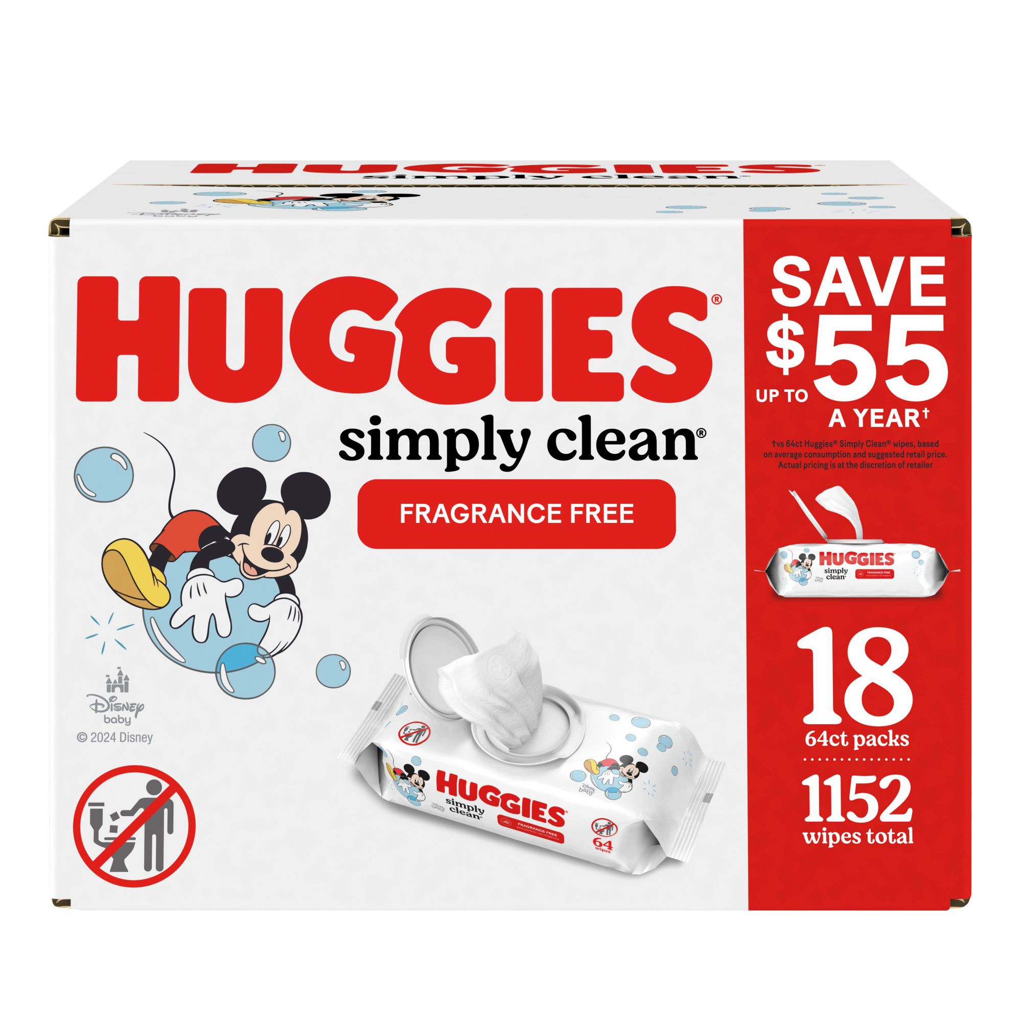 Huggies Simply Clean Unscented Baby Wipes 18 Flip Top Packs 1152 Wipes Total White 15.875 L x 13.25 W x 9.50 H