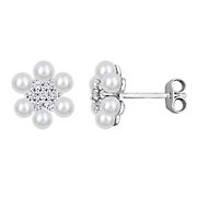 Cultured Freshwater Pearl and .3 ct. TGW Created White Sapphire Flower Cluster Stud Earrings in Sterling Silver