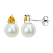 Cultured Freshwater Pearl and Gemstone Stud Earrings in 10k White Gold