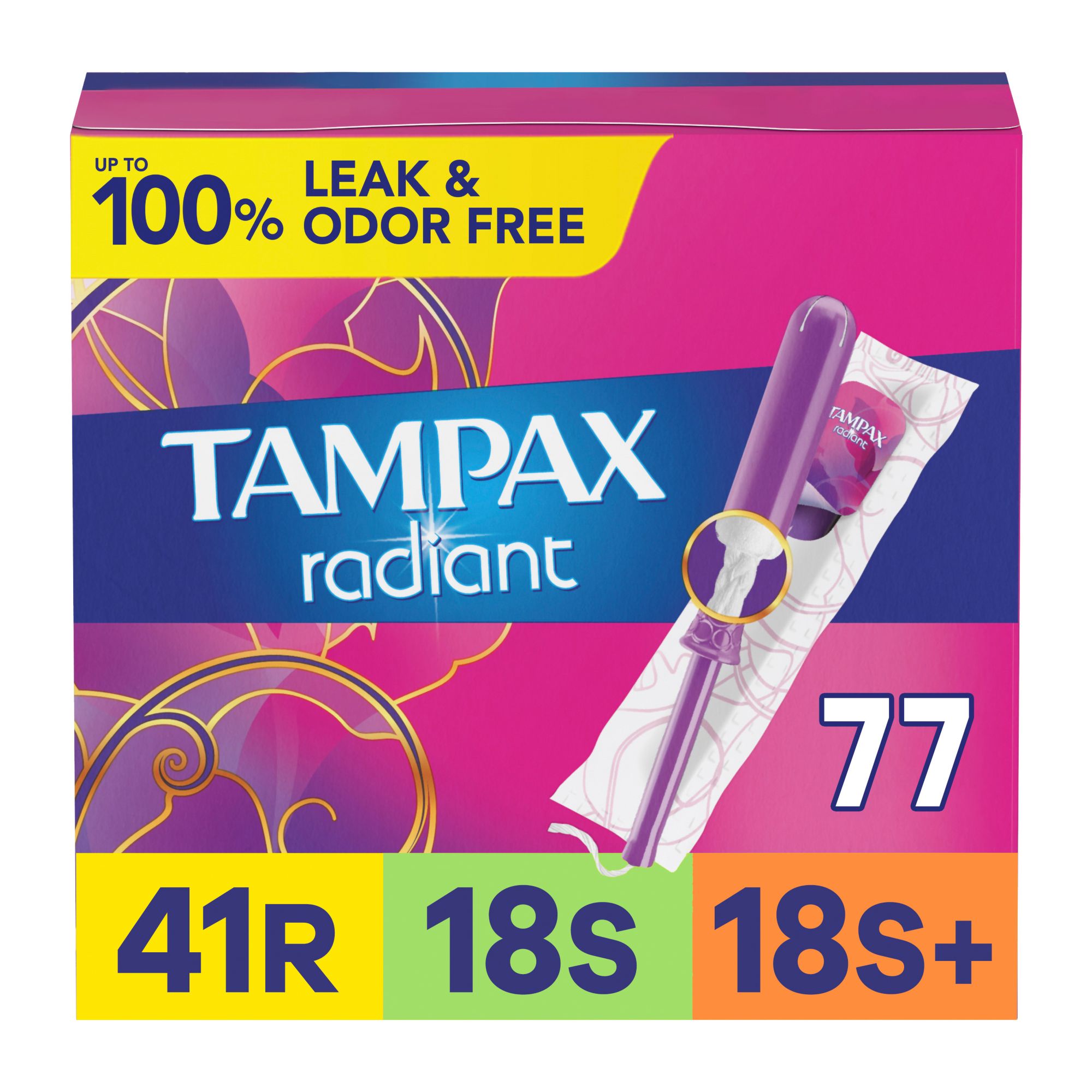 Tampax Radiant Tampons Multipack, LeakGuard Braid, Regular/Super/Super Plus Absorbency, Unscented, 77 ct.