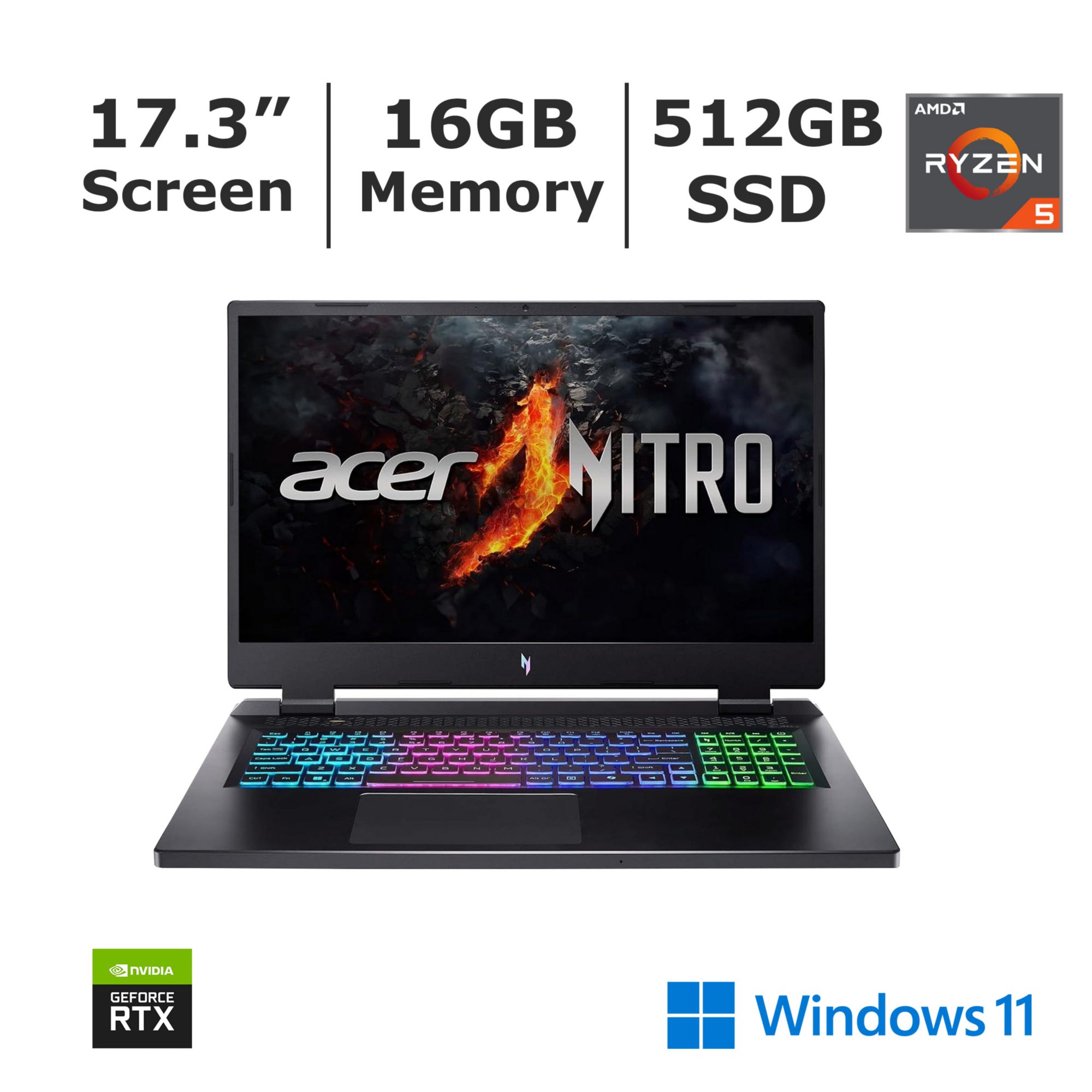 Acer Nitro 17.3" FHD 165Hz Notebook, AMD Ryzen 5 Processor, 16GB Memory, 512GB SSD, NVIDIA RTX 4050 Graphics