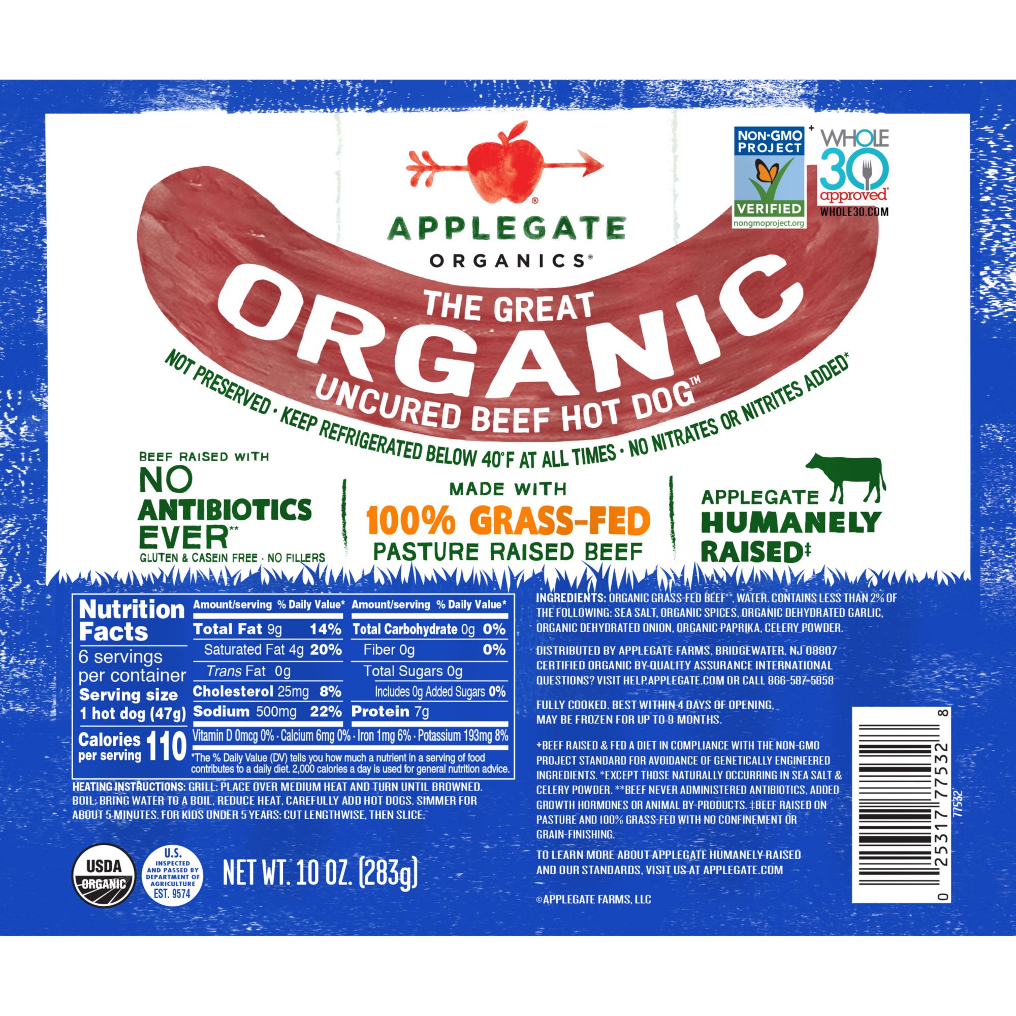 Applegate Organics Uncured Beef Hot Dogs, 20 oz.