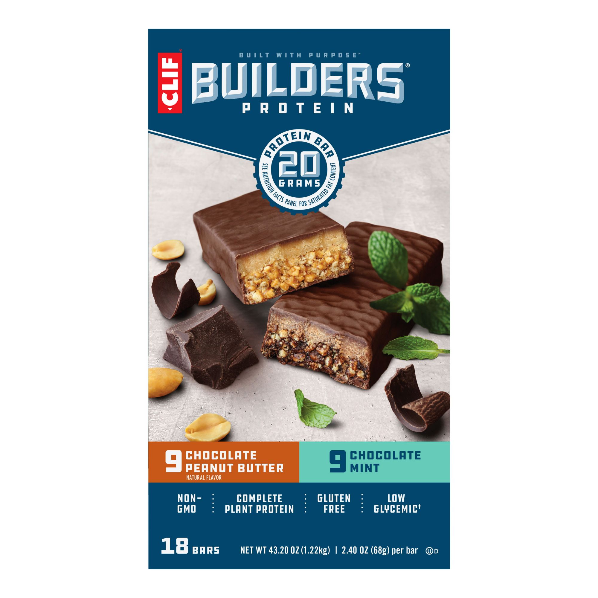 Clif Builders Chocolate Mint & Chocolate Peanut Butter Protein Bars Variety Pack, 18 ct./2.4 oz