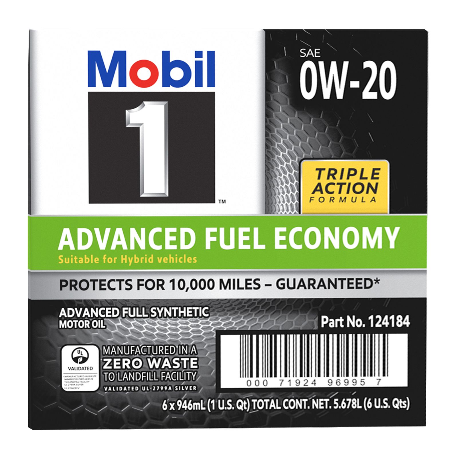 Mobil 1 Advanced Fuel Economy Full Synthetic Motor Oil 0W-20, 6 pk./1 qt.