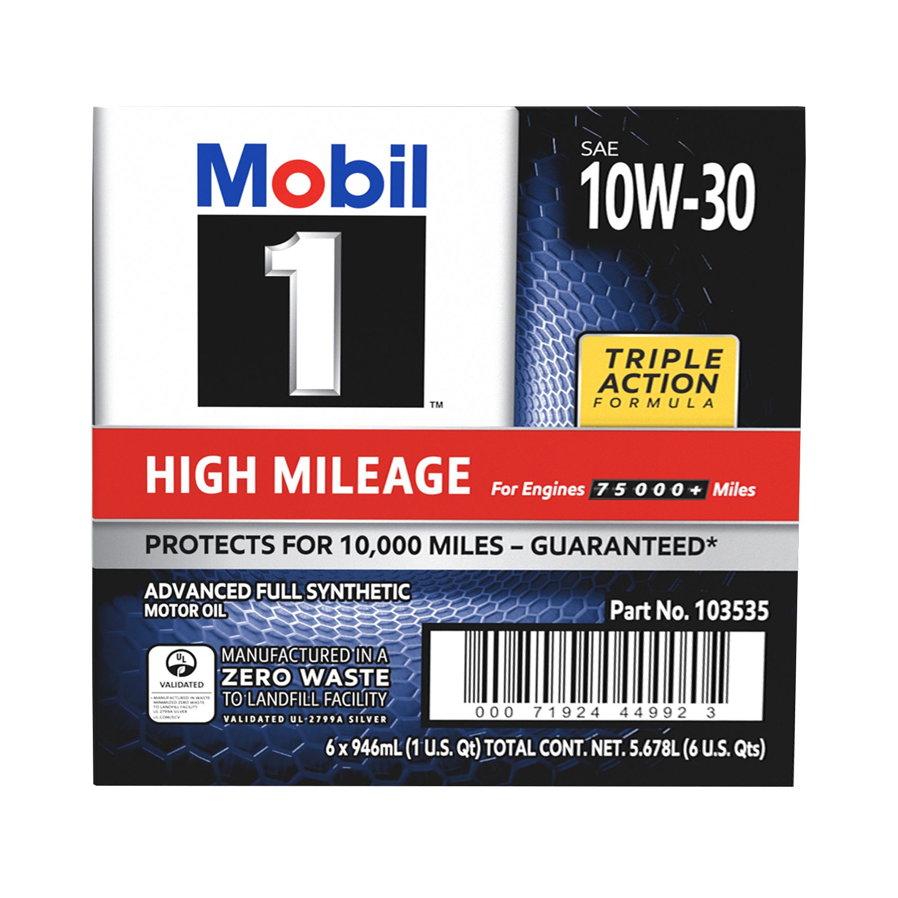 Mobil 1 High Mileage Full Synthetic Motor Oil 10W-30, 6 pk./1 qt.