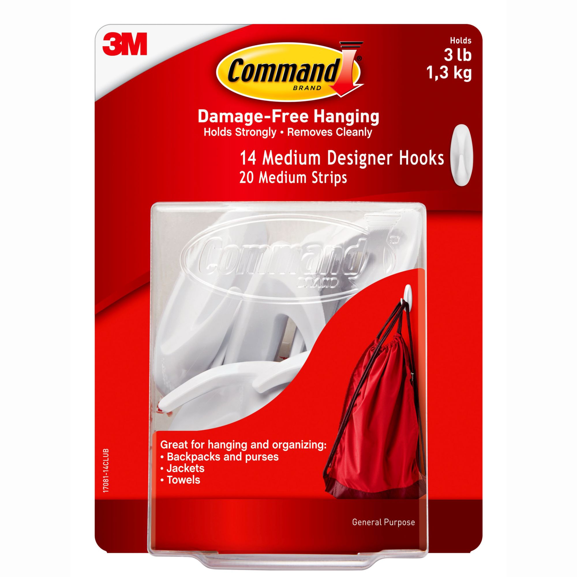 Command Hooks, Medium, 3lb Capacity, White, 20 Hooks & 24 Strips - Sam's  Club