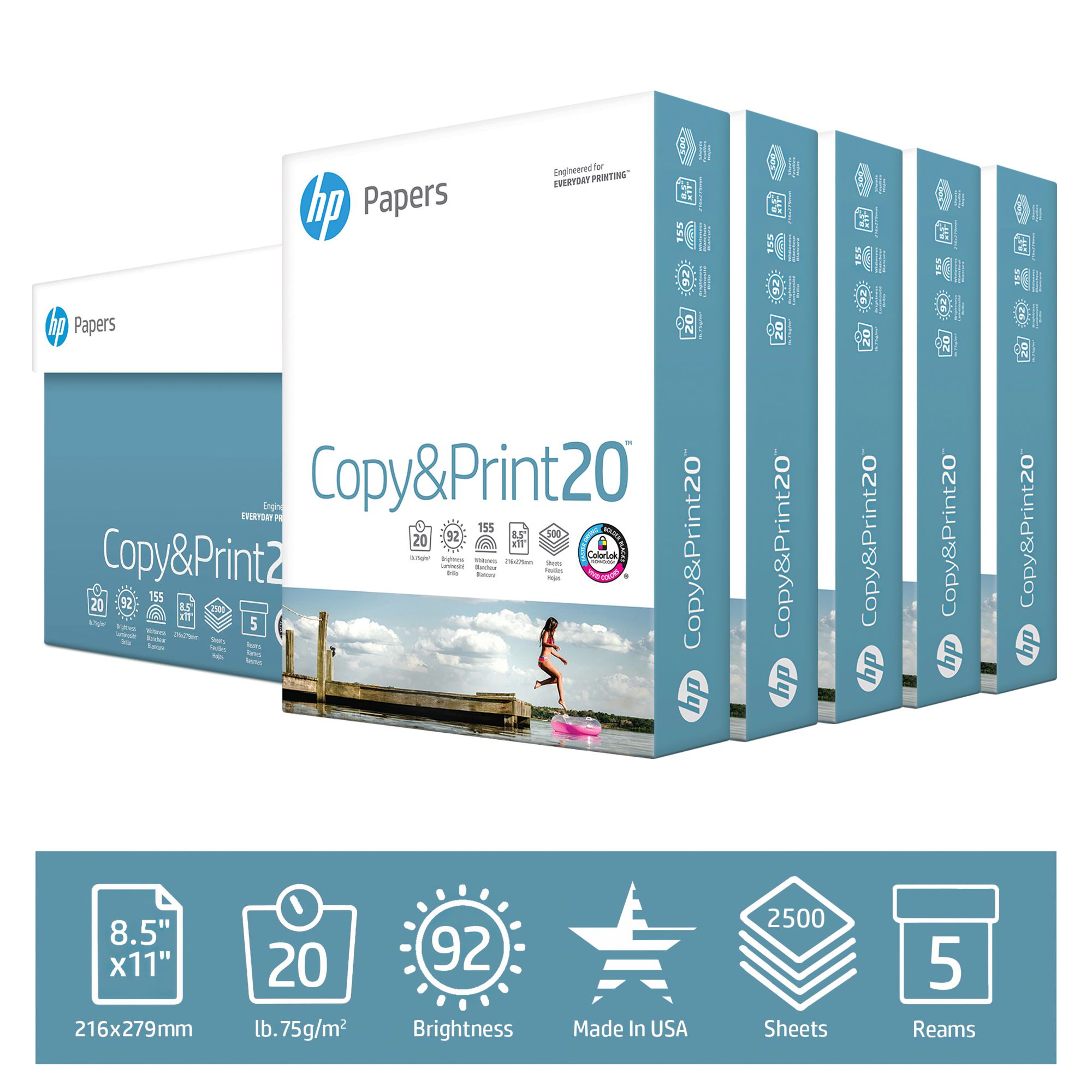 HP Everyday Copy & Print Paper, 92 Brightness, 20 lb., Letter, 5 Reams, 2,500 Sheets/Carton