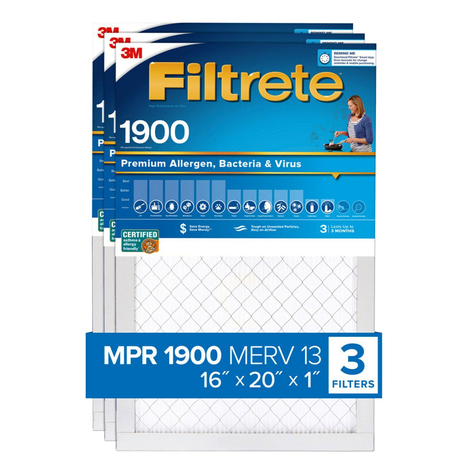 Filtrete 16&quot; x 20&quot; x 1&quot; Ultimate Allergen Reduction Filters, 3 pk.