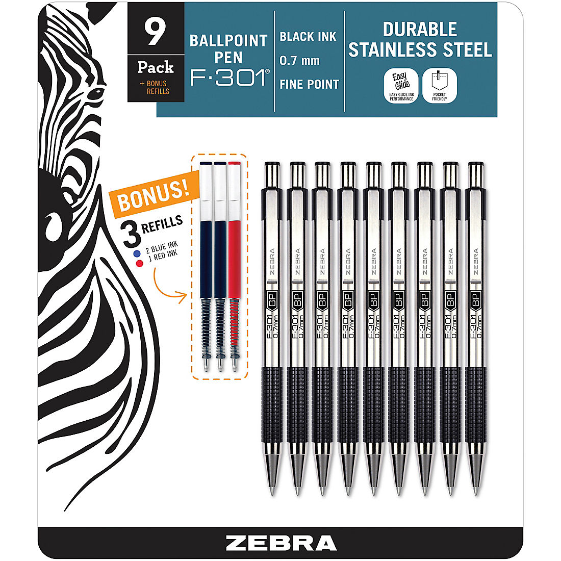 Zebra F-301 0.7mm retractable ball pen x 10 pcs blue ink