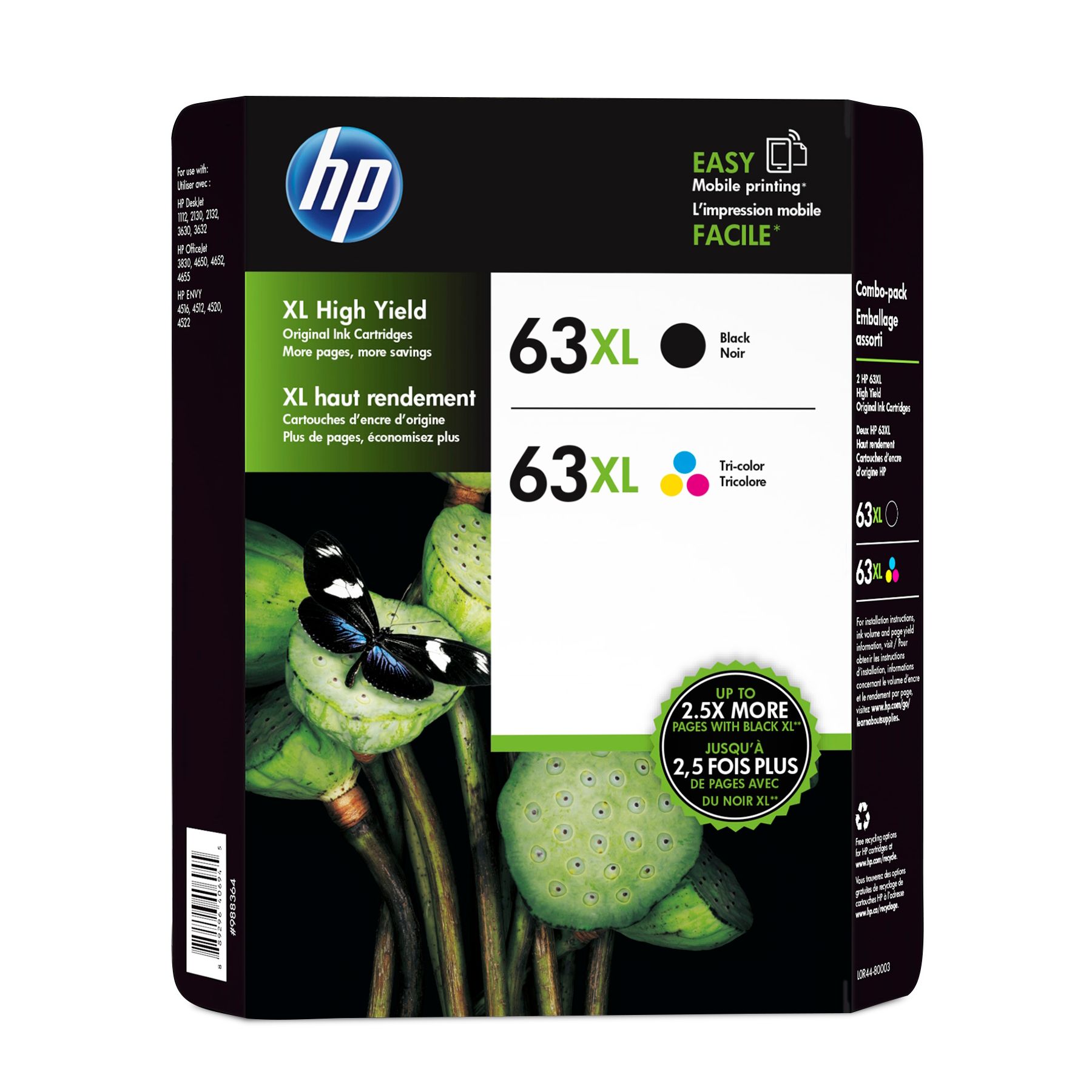 HP 63XL, High-Yield Black Original Ink Cartridge (2 Pack) 