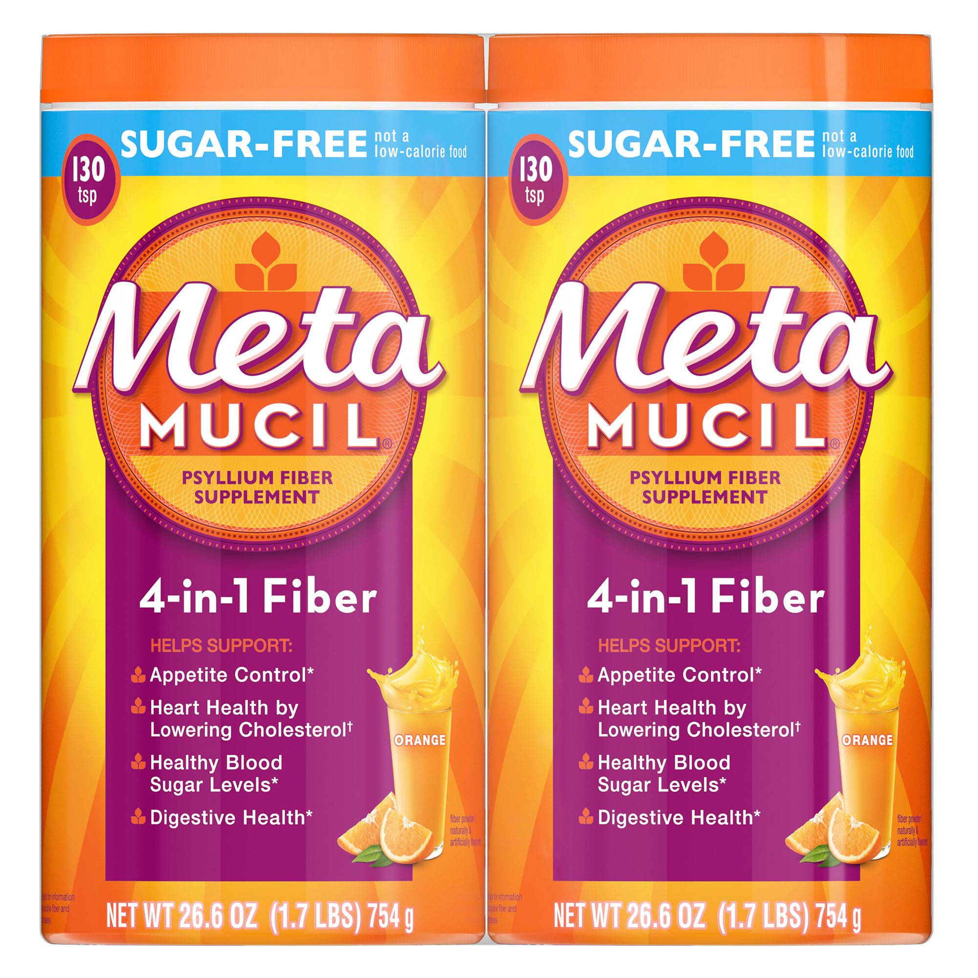 Metamucil Fiber, 4-in-1 Psyllium Fiber with No Sugar, Orange Smooth Flavored Drink, 260 Servings