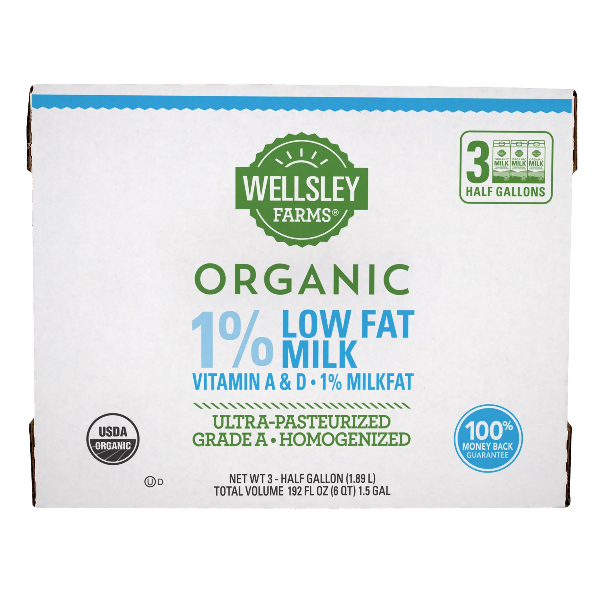 Wellsley Farms Organic 1% Milk, 3 pk./64 oz.