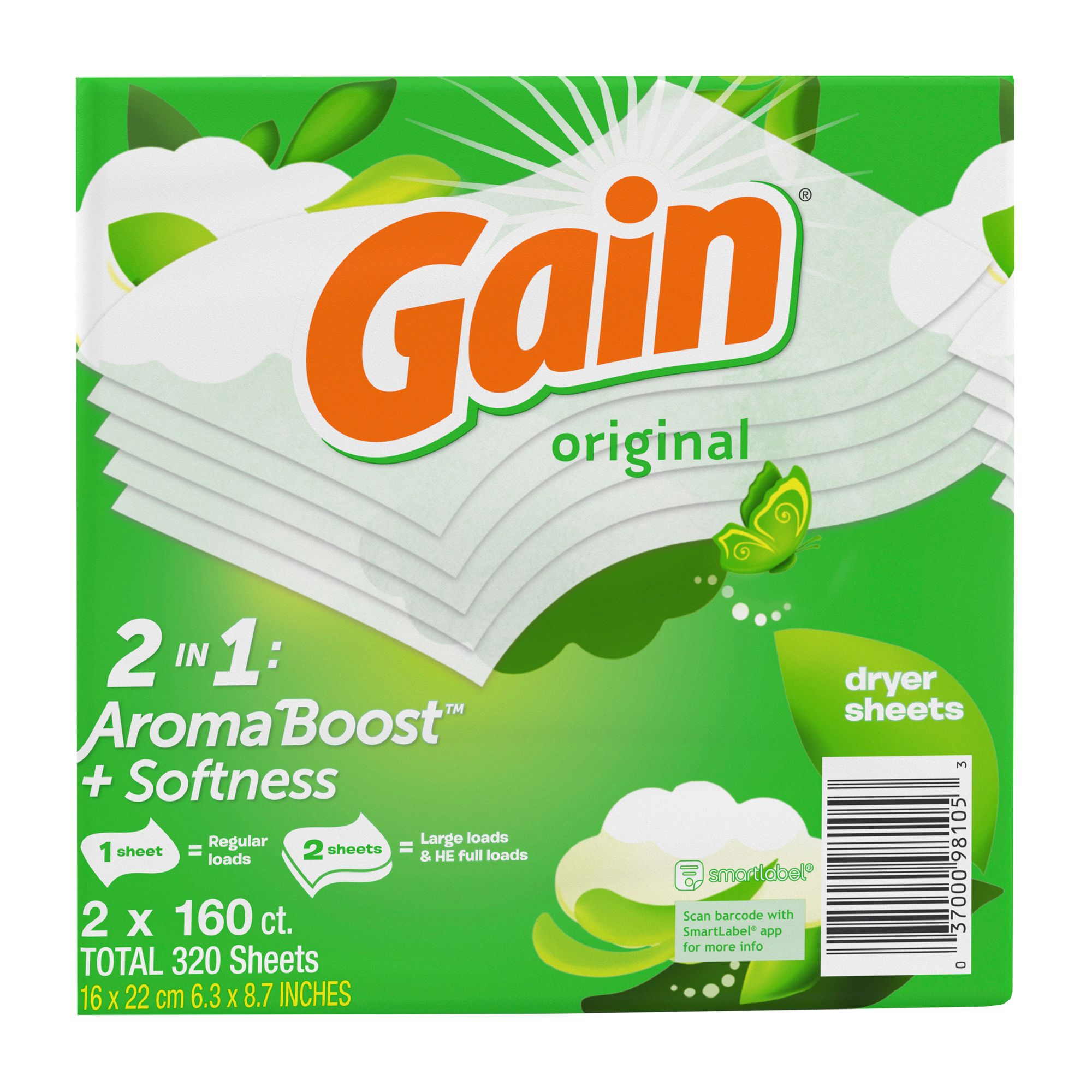 Gain Original Scent Dryer Sheets 2 Pk 160 Ct Bjs Wholesale Club