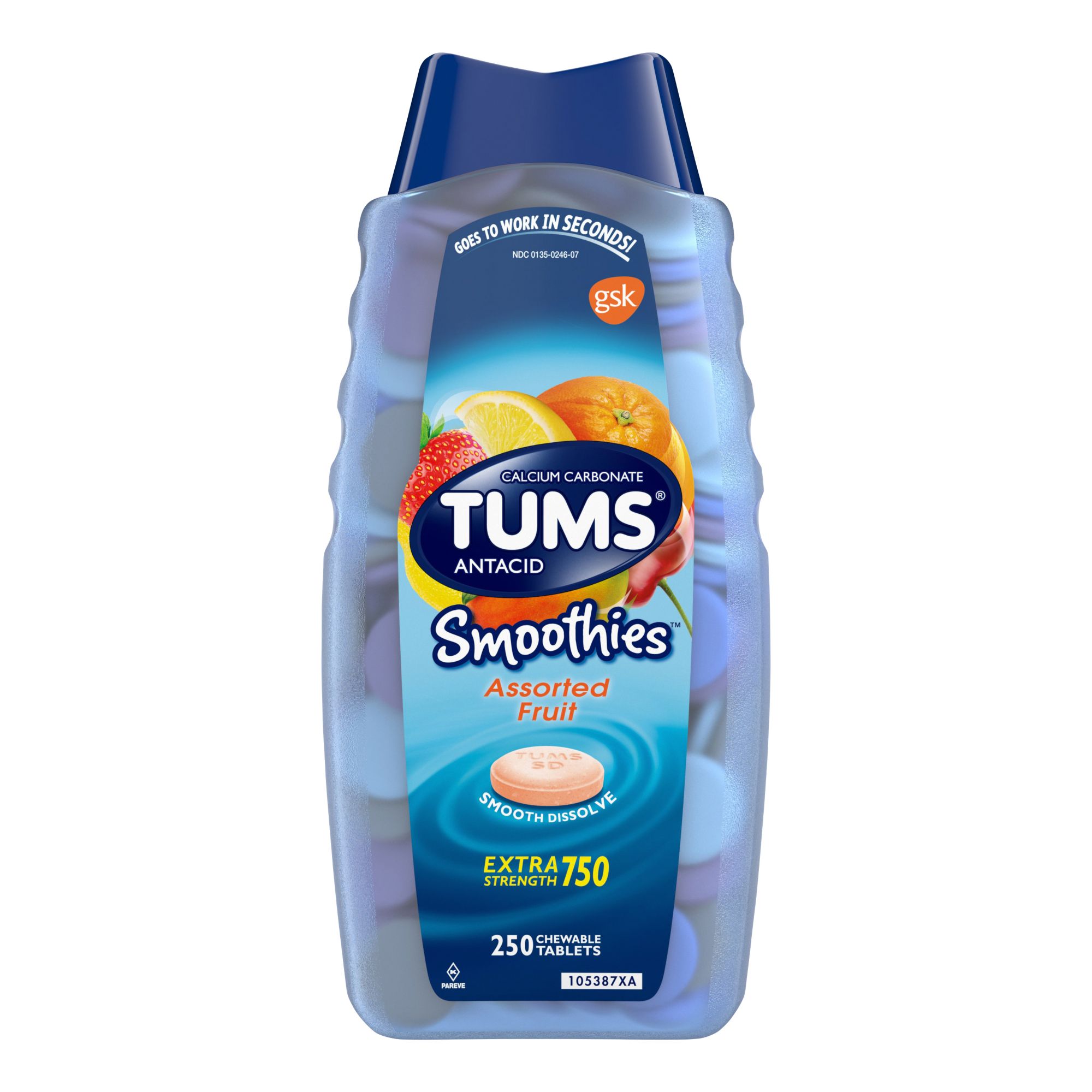 Tums Smoothies Assorted Fruit Flavor Chewable Tablets, 250 ct.